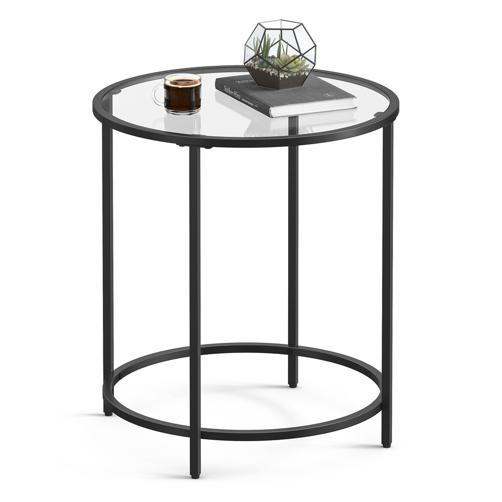 Glass Round Side Table with Metal Frame - Black