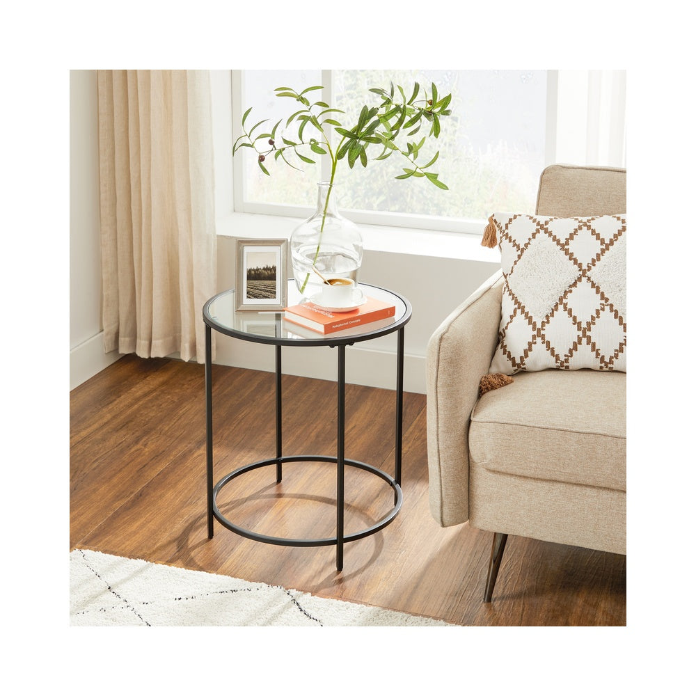 Glass Round Side Table with Metal Frame - Black