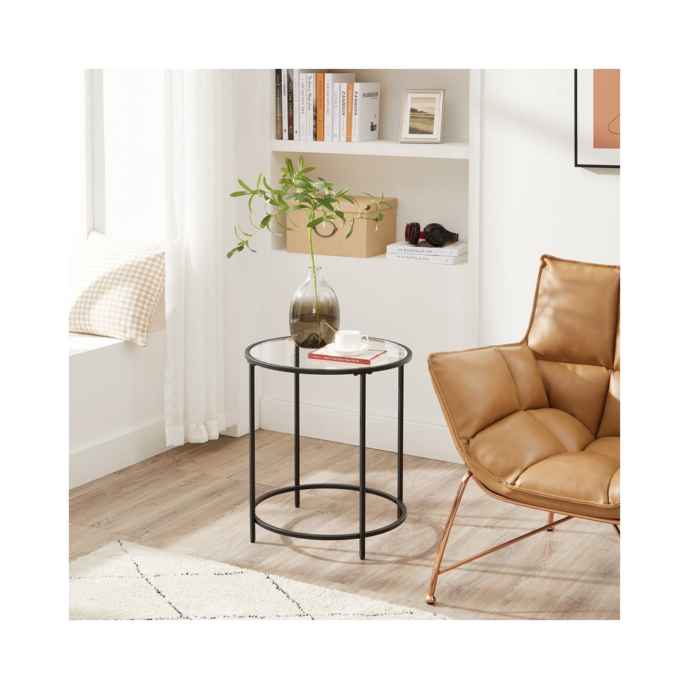 Glass Round Side Table with Metal Frame - Black