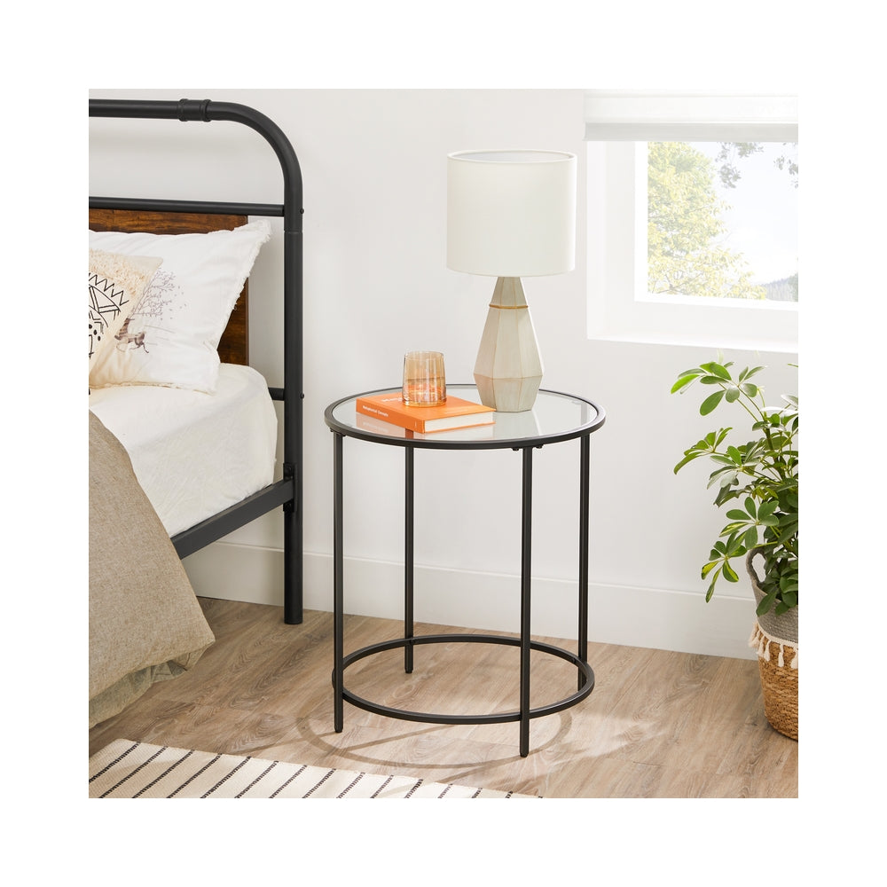 Glass Round Side Table with Metal Frame - Black