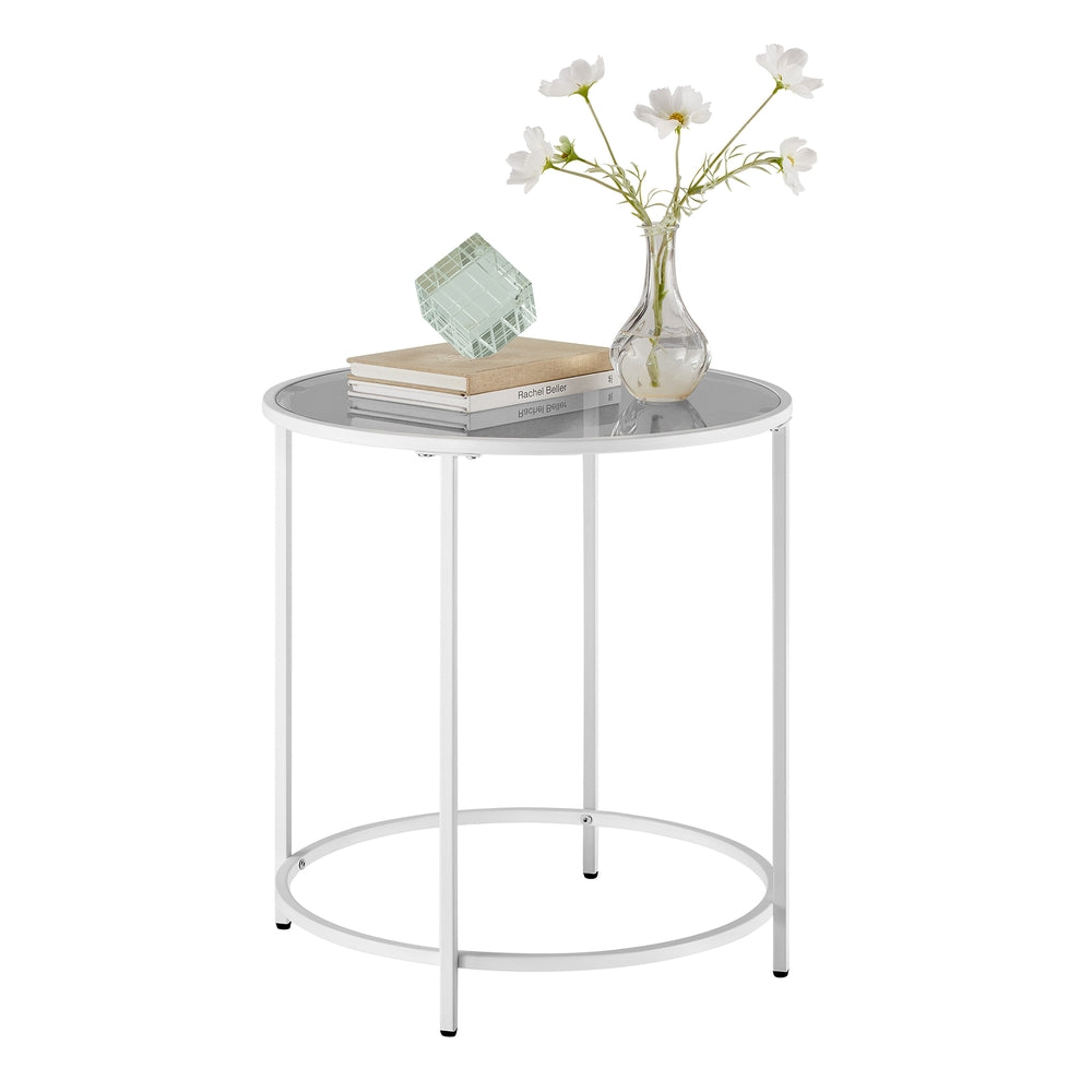 Glass Round Side Table with Metal Frame - Pearl White