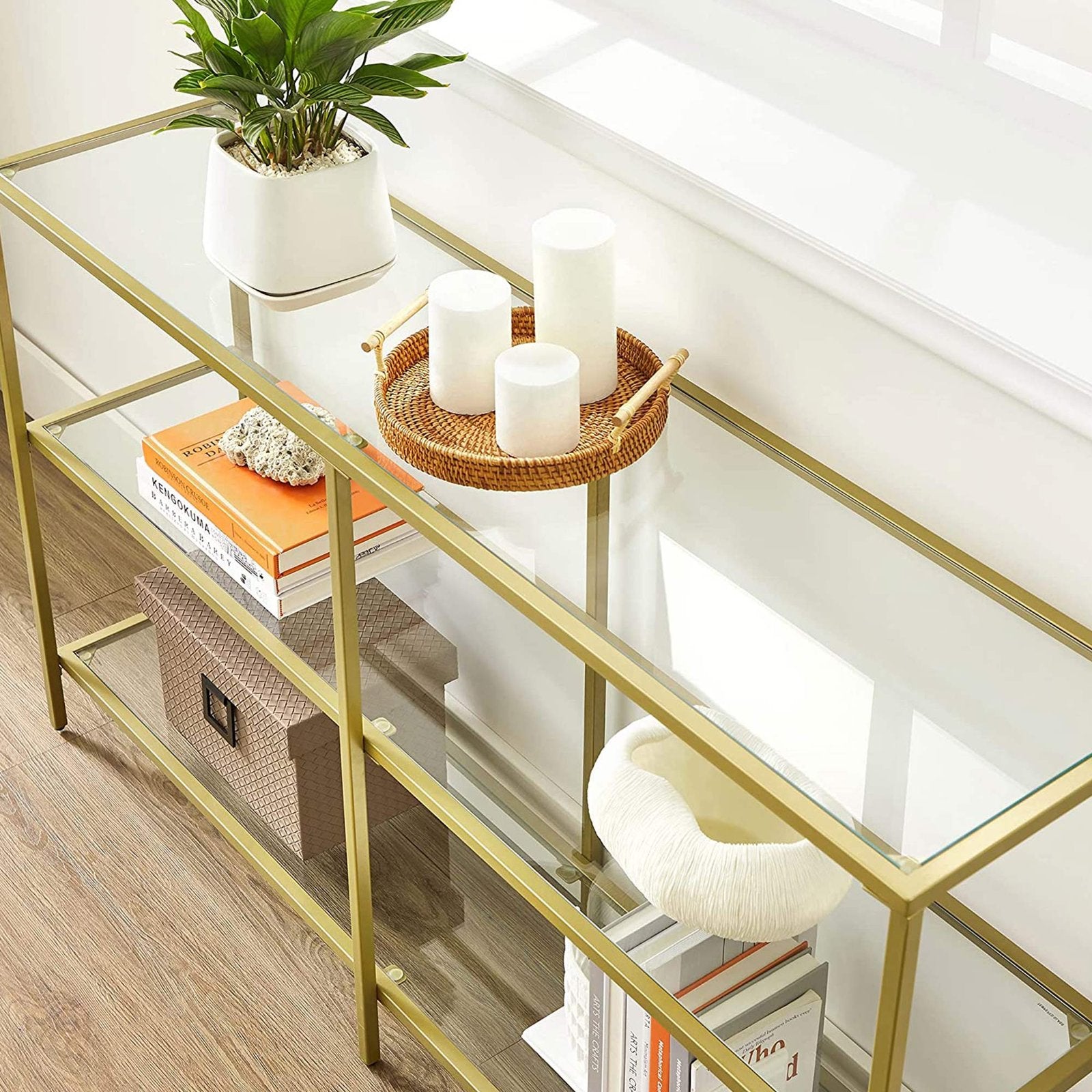 51.2 Inch Console Table with 3 Shelves - Metalic Gold, Transparent