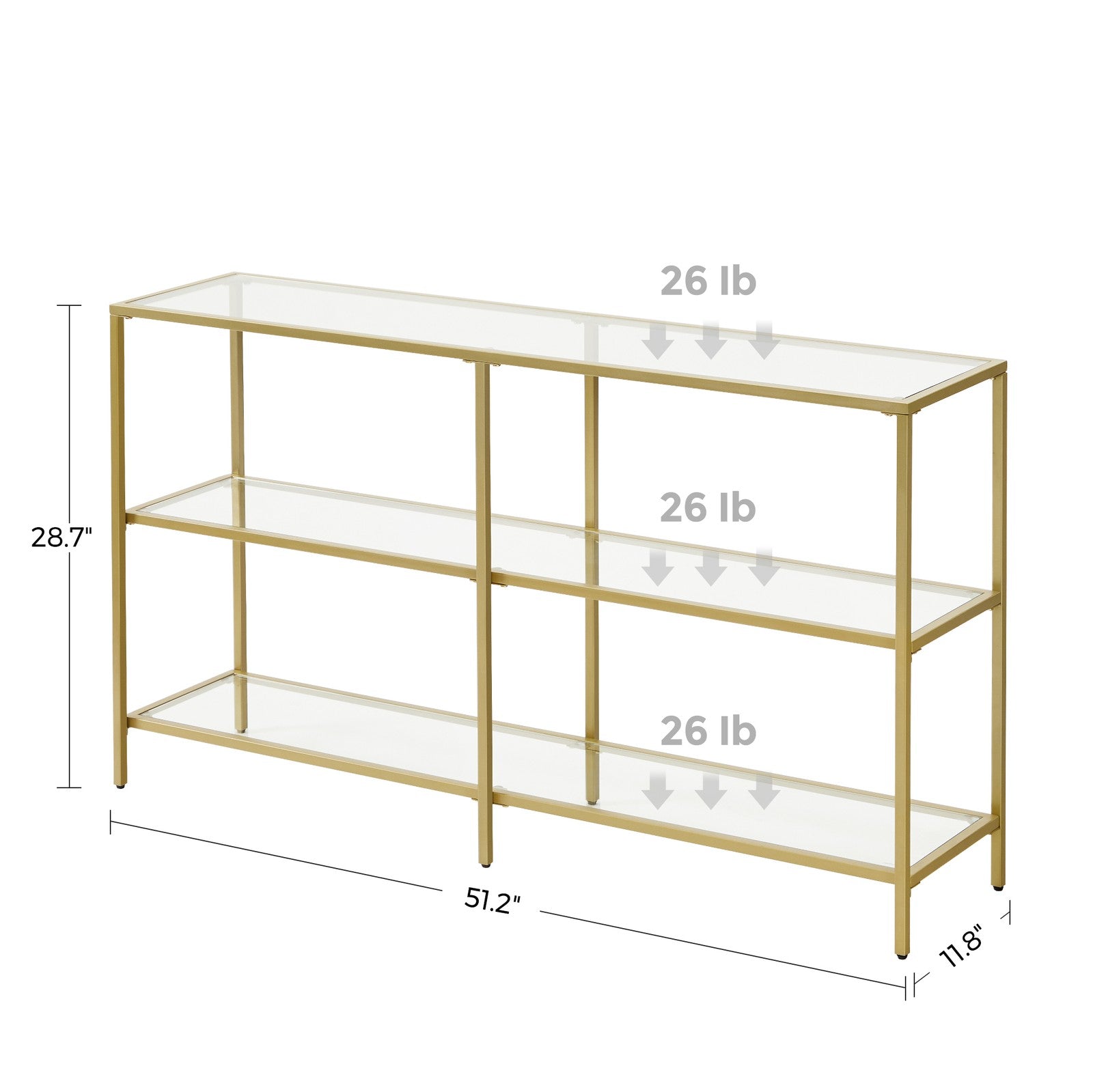 51.2 Inch Console Table with 3 Shelves - Metalic Gold, Transparent