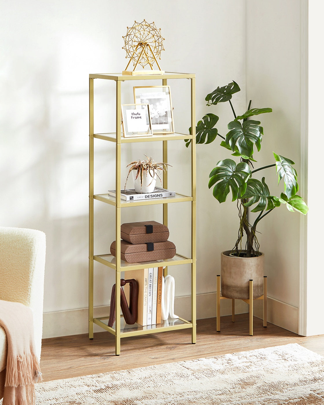 5-Tier Bookcase - Slim Shelving Unit - Gold