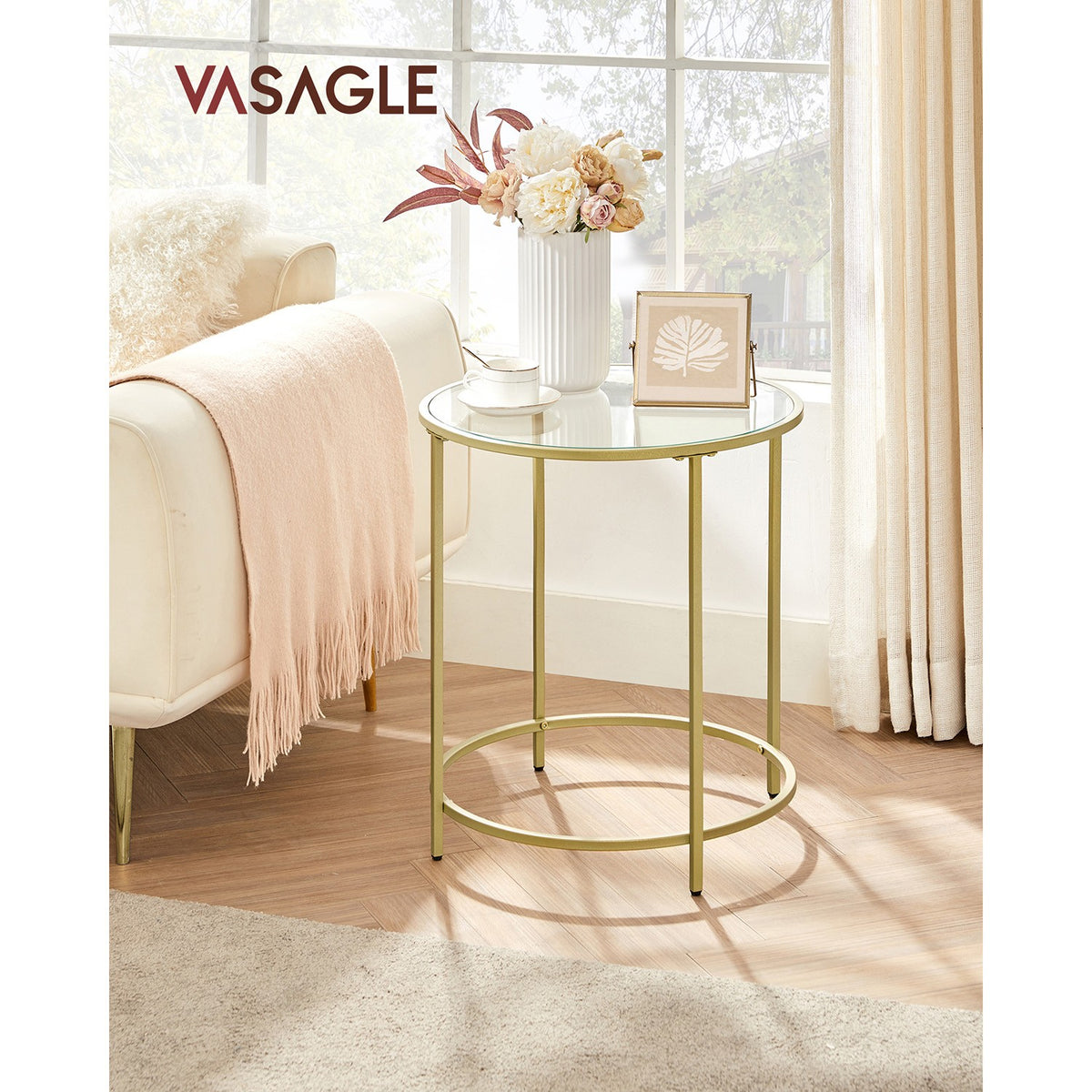 Glass Round Side Table - Metal Frame - Tempered Glass