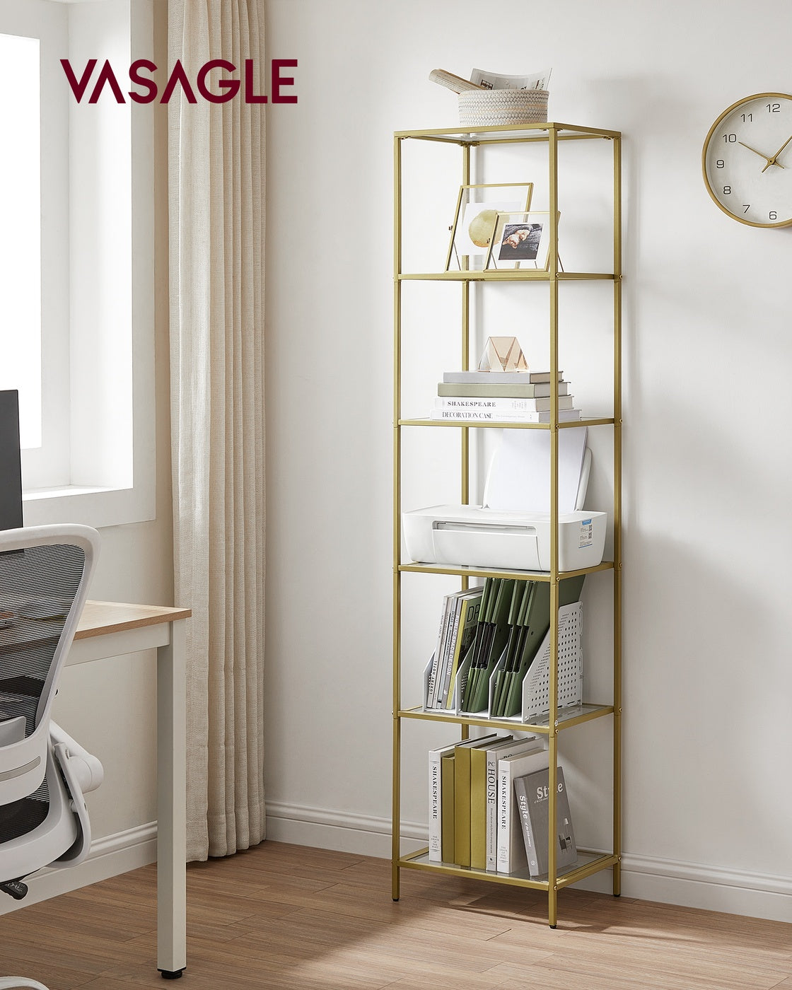 Bookcase - 5-Tier - Slim Shelving Unit - Tempered Glass