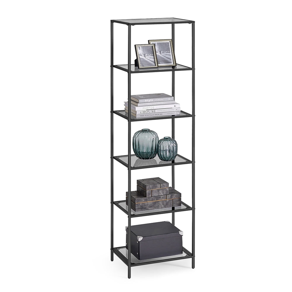 5-Tier Bookcase - Slim Shelving Unit - Black, Gray - 11.8”D x 15.7”W x 69.8”H