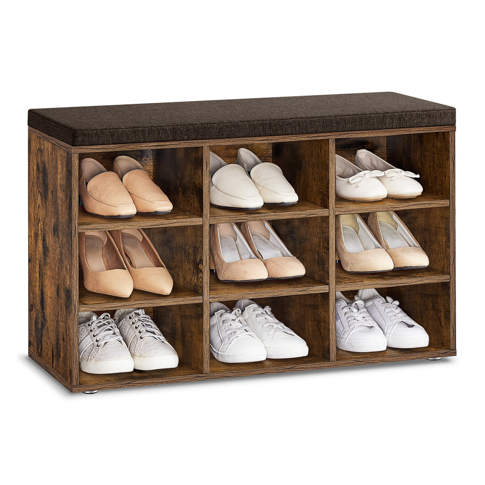 Shoe Bench with Cushion,12 Compartments - Rustic Brown, Brown - 11.9"D x 30.9"W x 18.9"H