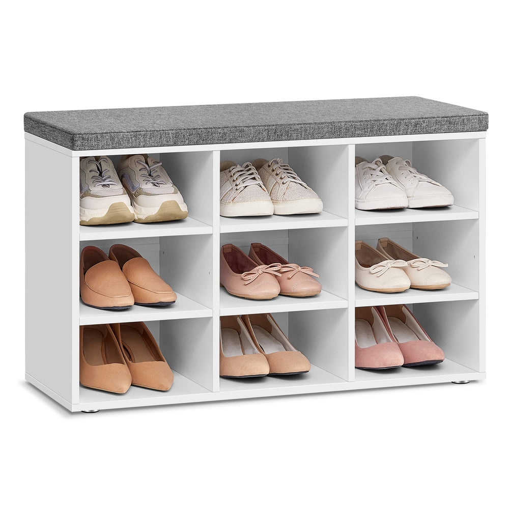 Shoe Bench with Cushion,12 Compartments - White, Gray - 11.9"D x 30.9"W x 18.9"H