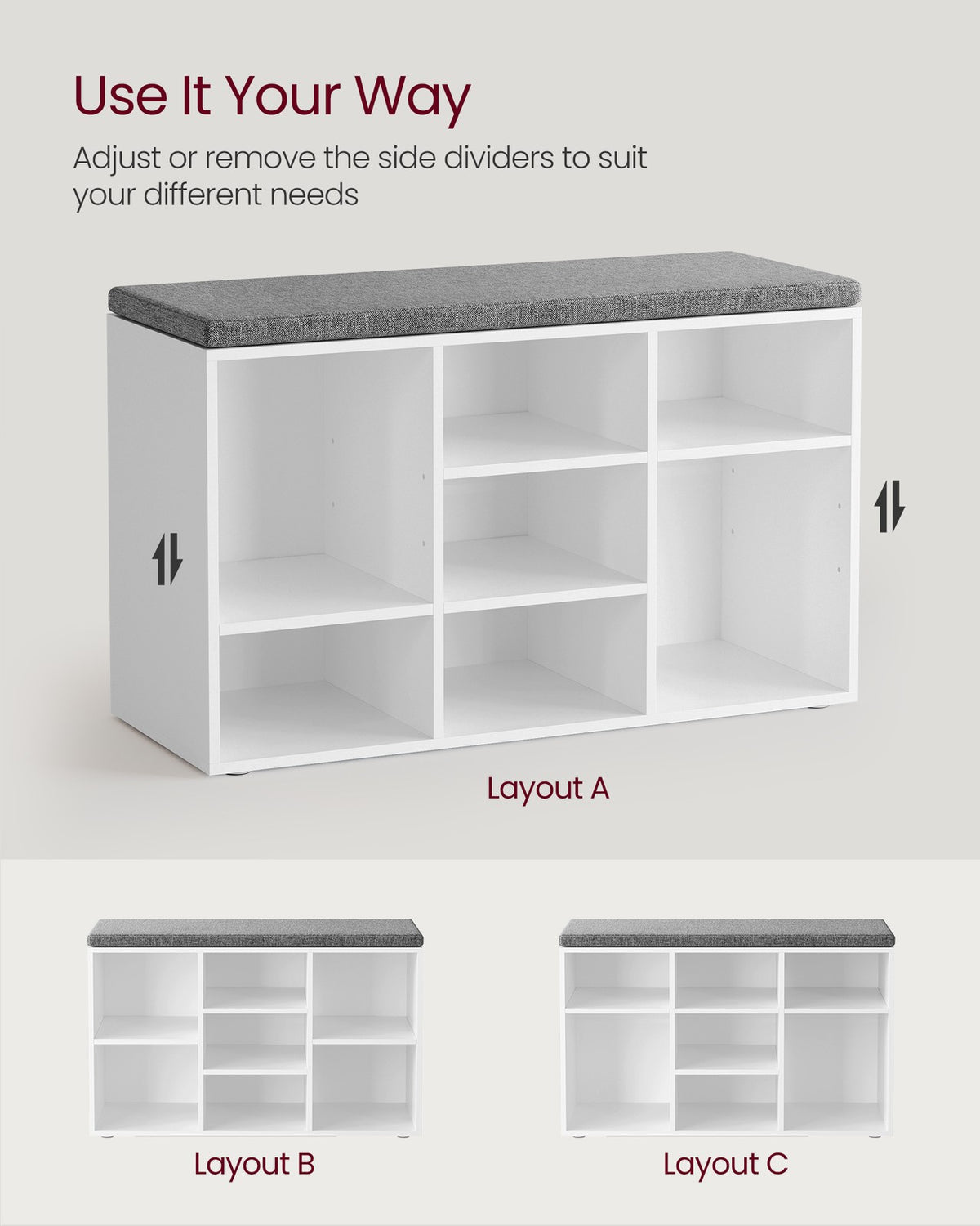 Shoe Bench - With Cushion - 12 Compartments