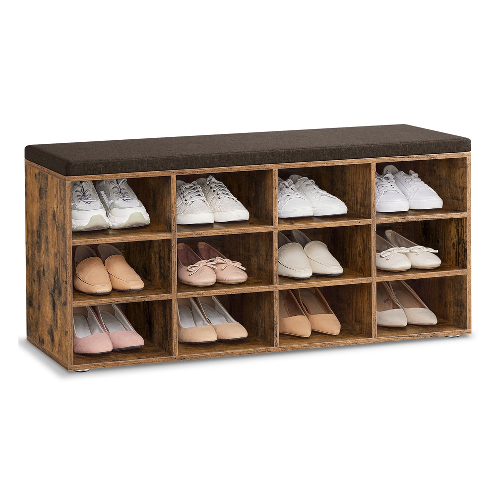 Shoe Bench with Cushion,12 Compartments - Rustic Brown, Brown - 11.9"D x 40.9"W x 18.9"H