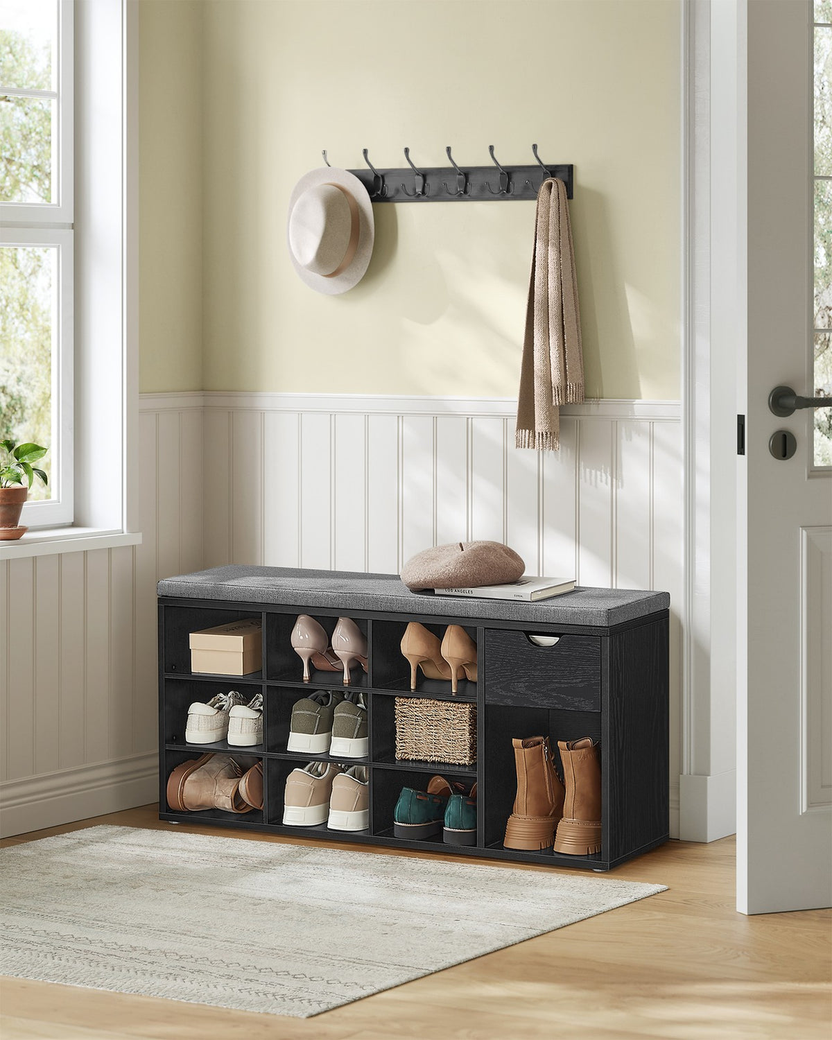 Storage Bench with Cushion - Drawer and Open Compartments