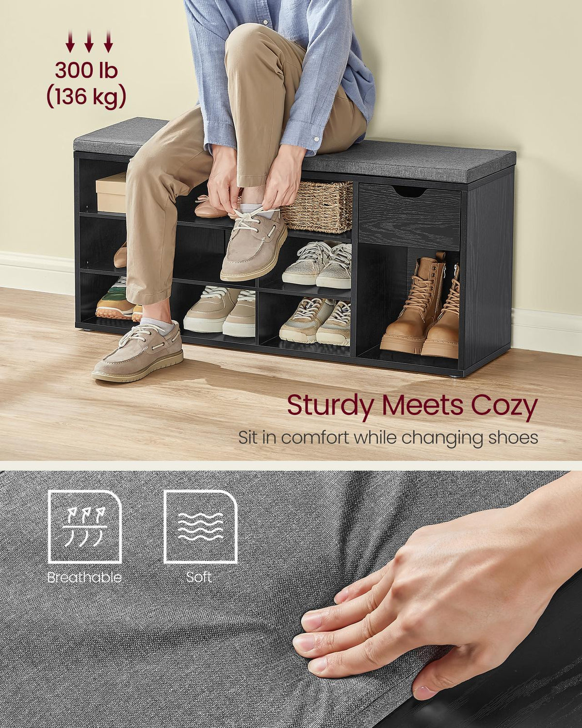 Storage Bench with Cushion - Drawer and Open Compartments