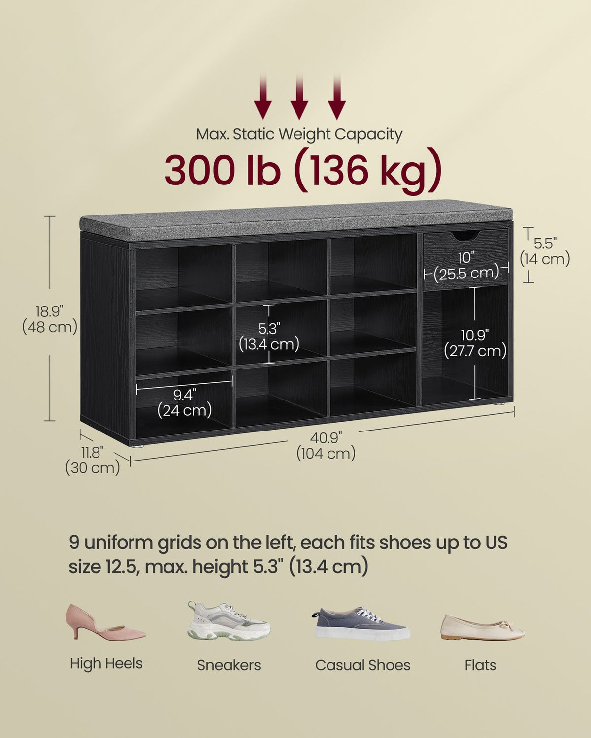 Storage Bench with Cushion - Drawer and Open Compartments
