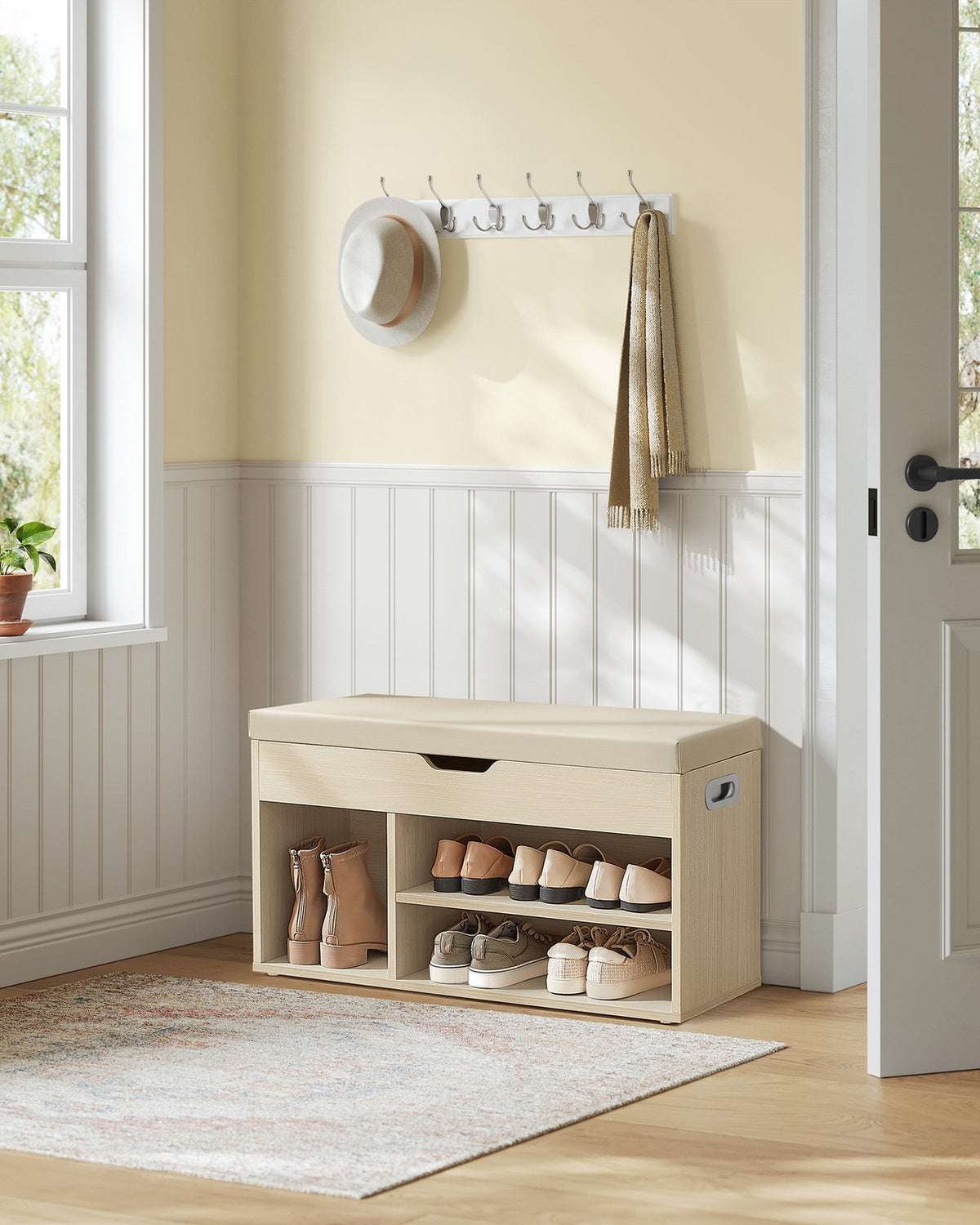 Storage Bench with Cushion - Padded Seat - 3 Compartments
