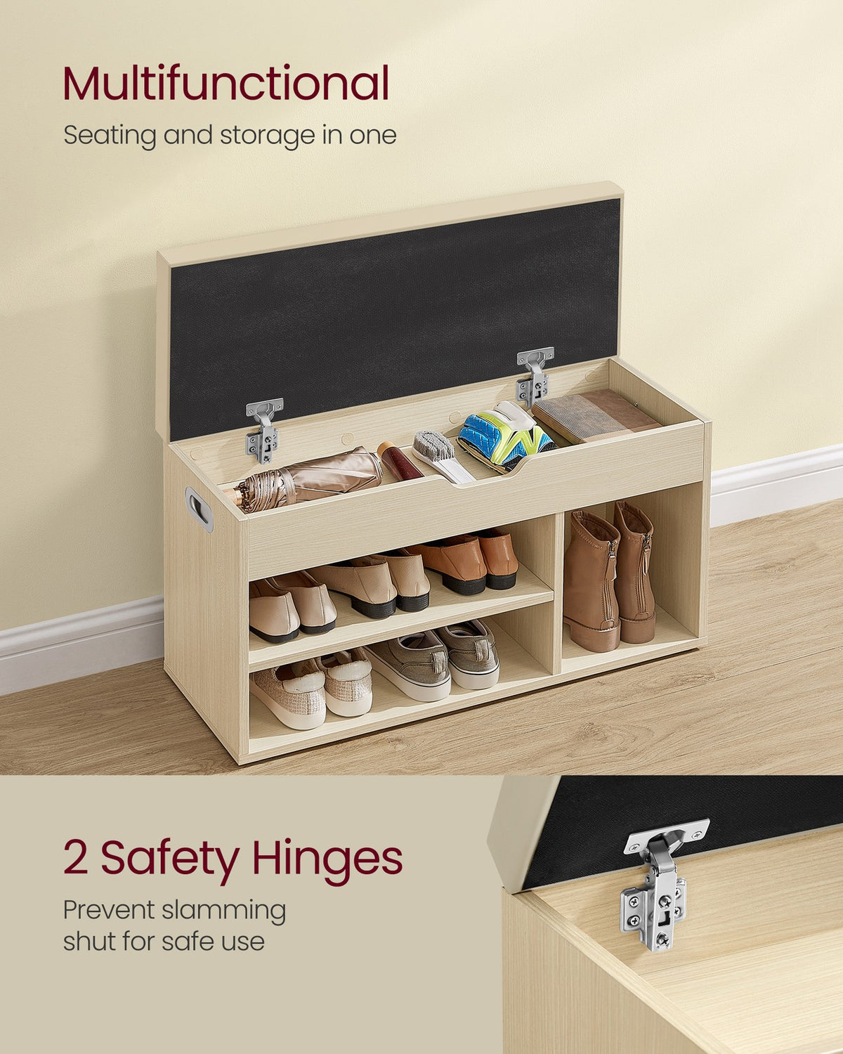 Storage Bench with Cushion - Padded Seat - 3 Compartments