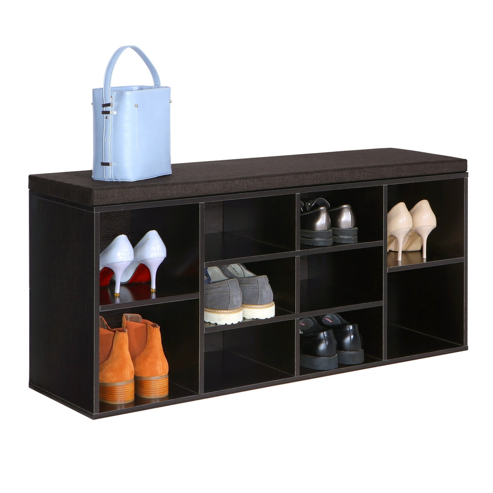 Shoe Bench with Cushion,12 Compartments - Espresso, Brown - 11.8"D x 40.9"W x 18.9"H