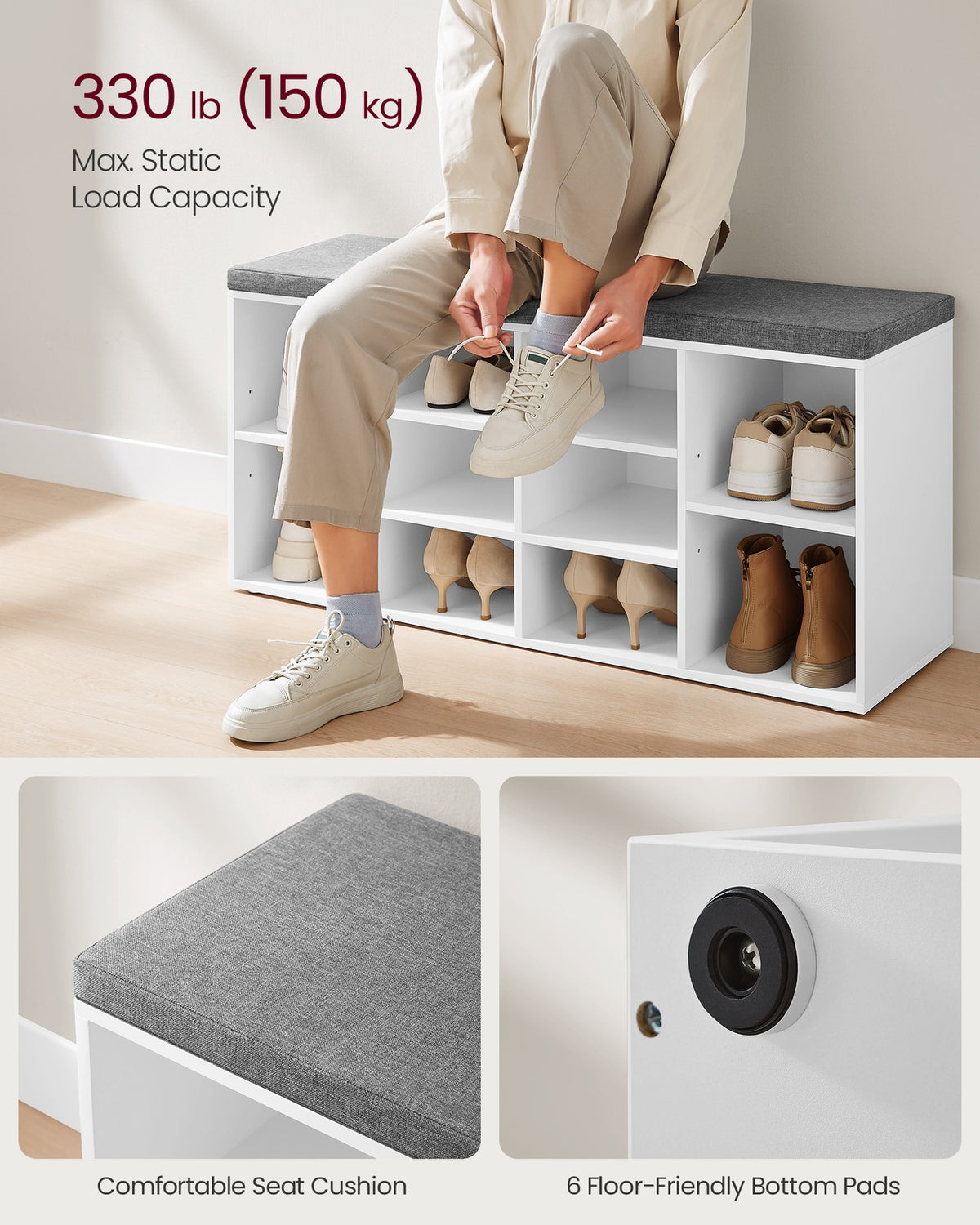 Shoe Bench - With Cushion - 12 Compartments