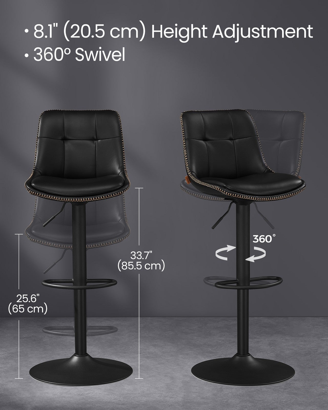 Bar Stools - Set of 2 Swivel Bar Chairs - Adjustable Height - Ink Black