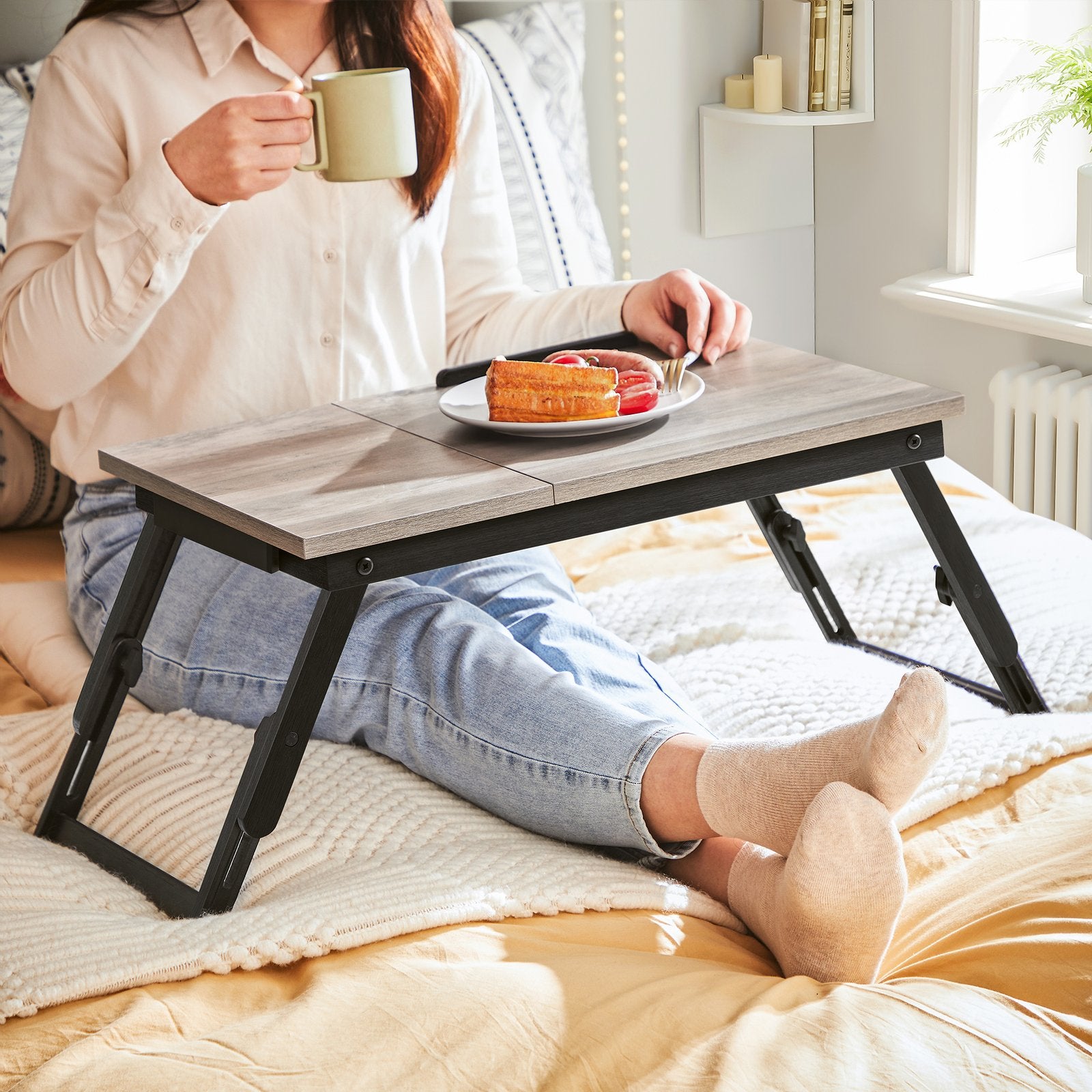 Laptop Desk for Bed or Sofa with Adjustable Tilting Top - Greige