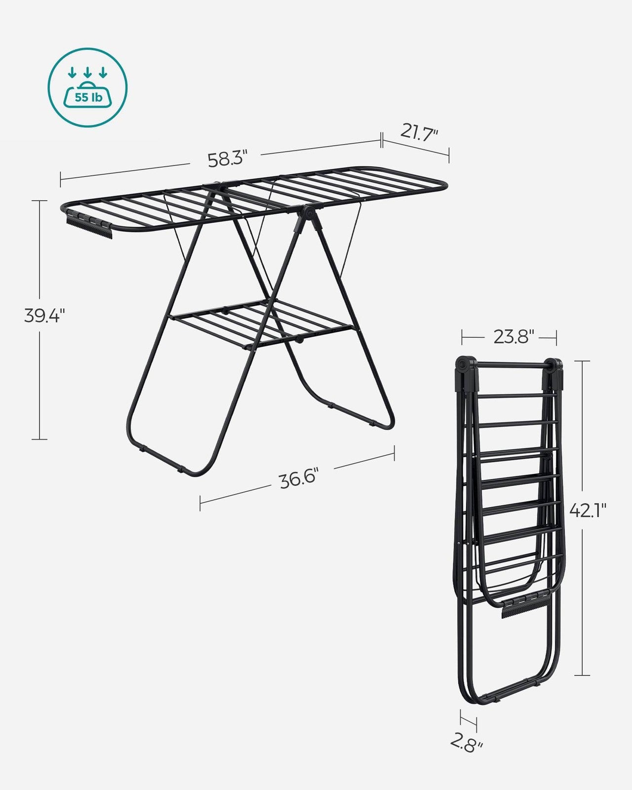 Clothes Drying Rack with Sock Clips - Black