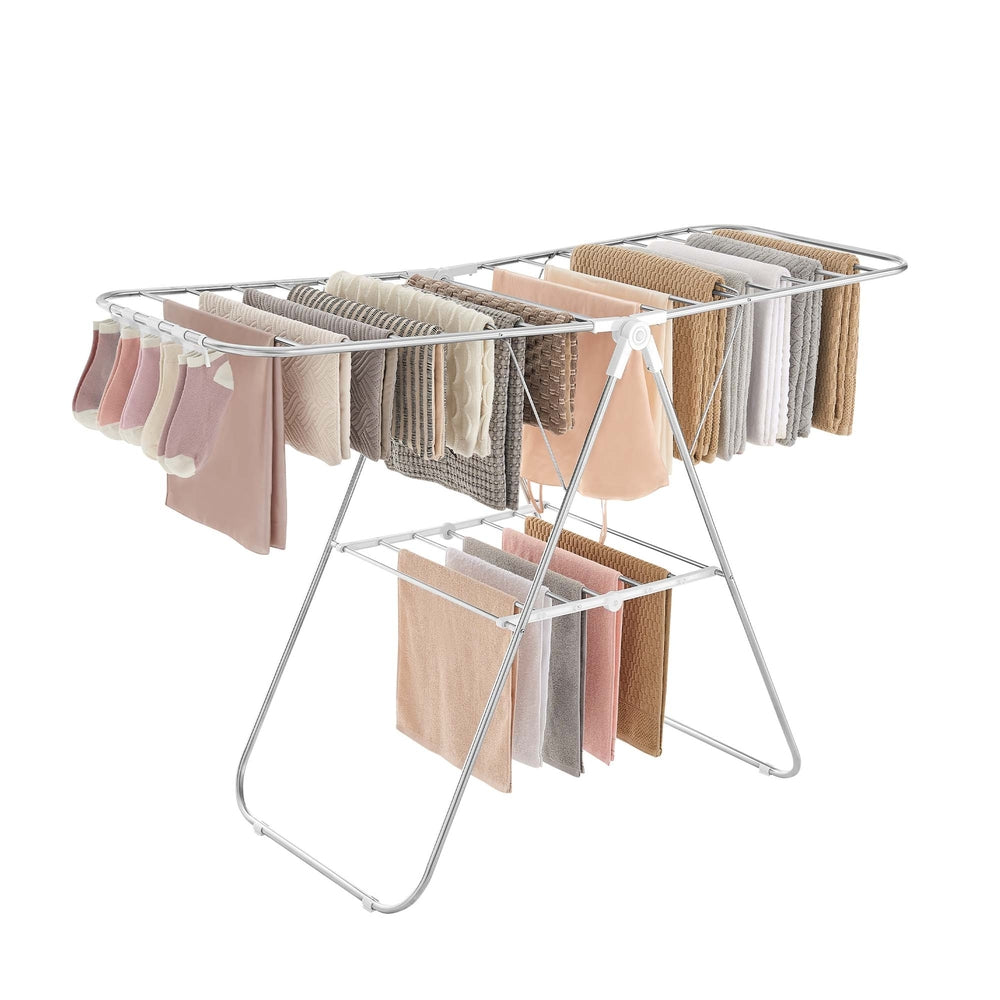 Clothes Drying Rack with Sock Clips - Silver, White