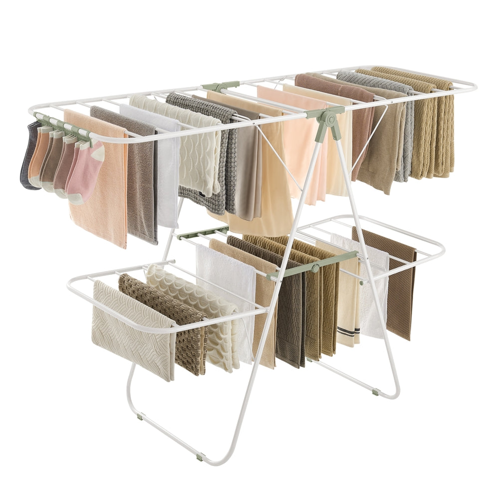 Foldable 2-Level Clothes Drying Rack with Height-Adjustable Wings - White, Green