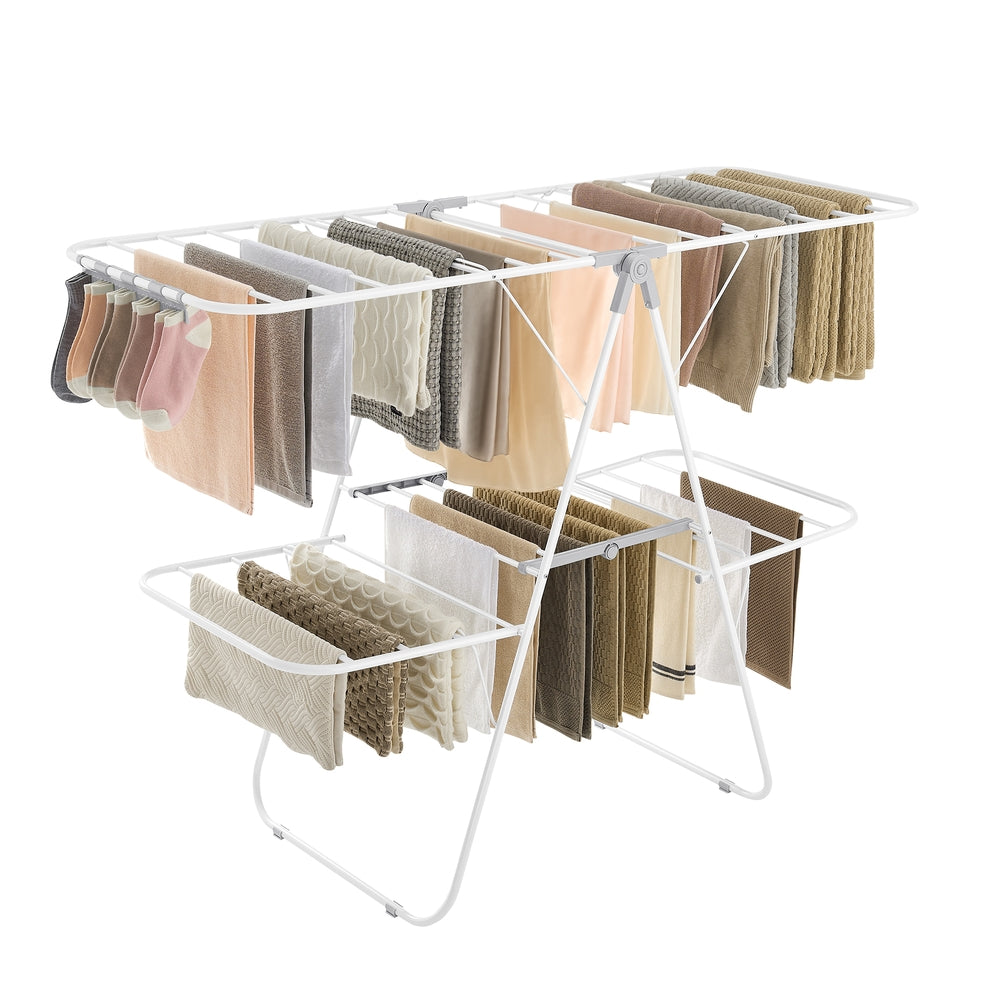 Foldable 2-Level Clothes Drying Rack with Height-Adjustable Wings - White, Gray
