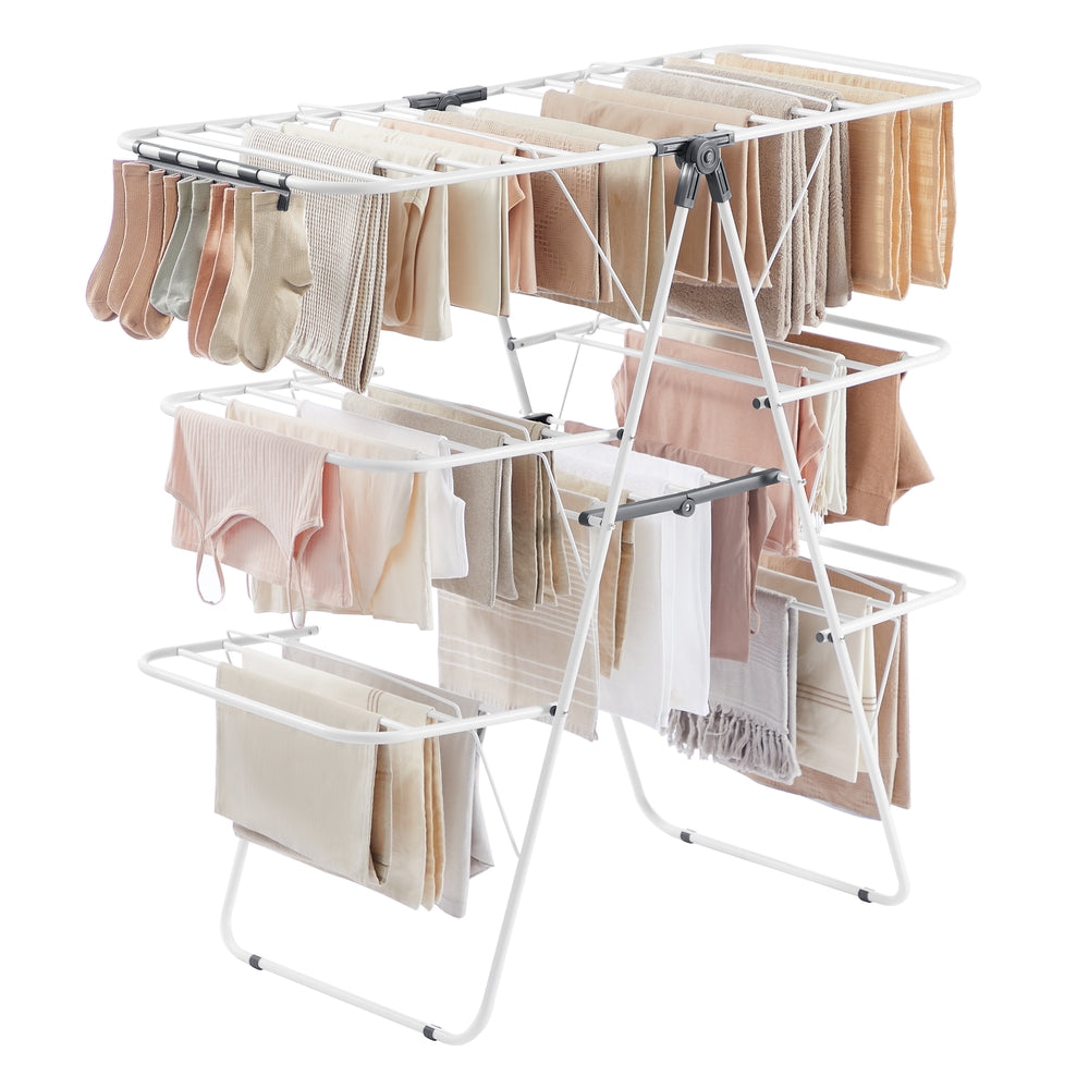 Clothes Drying Rack - Foldable 3-Level Laundry Rack - White and Gray