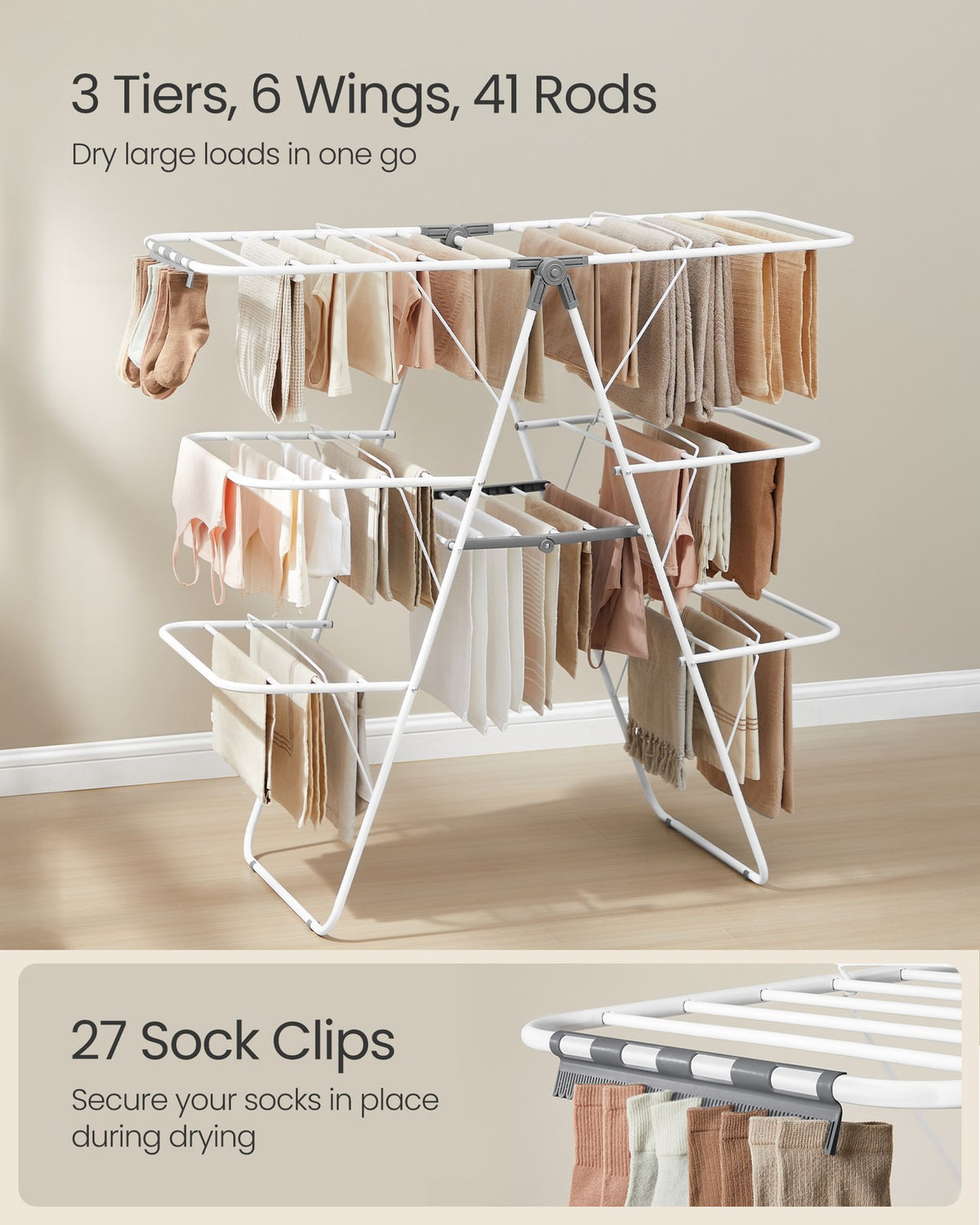 Clothes Drying Rack - Foldable 3-Level Laundry Rack - White and Gray