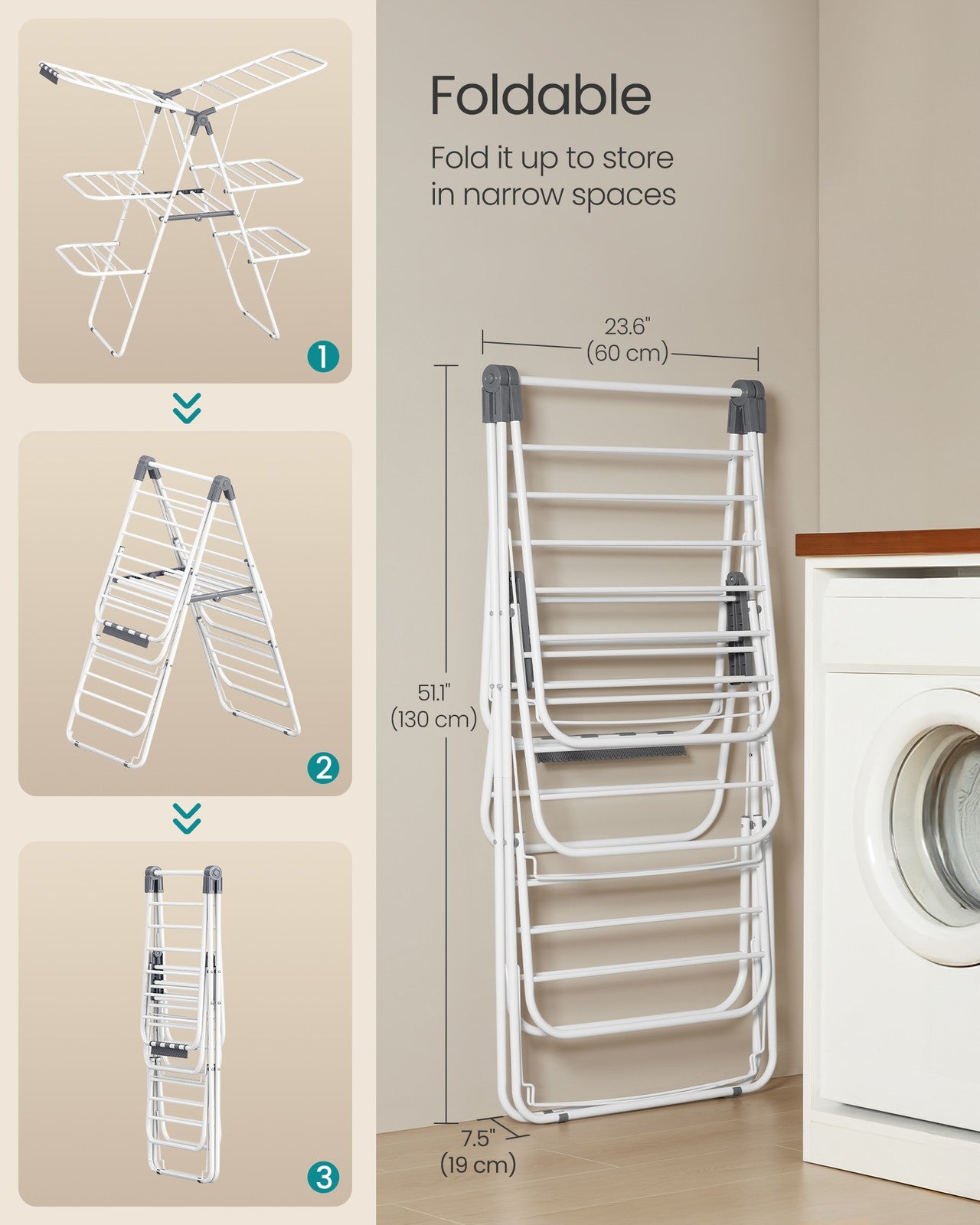 Clothes Drying Rack - Foldable 3-Level Laundry Rack - White and Gray
