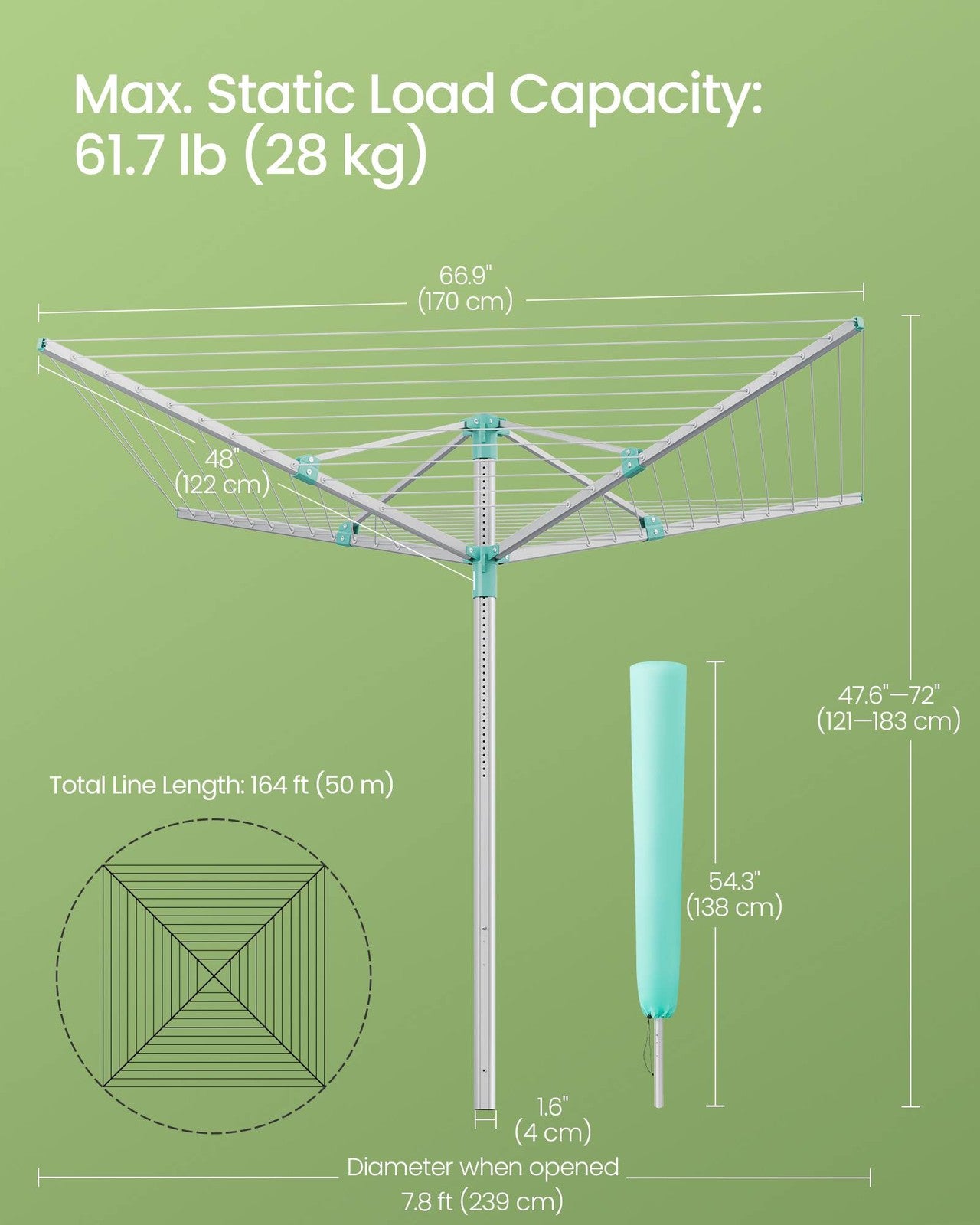 Umbrella Drying Rack - 164 Ft Long Clothesline - Silver, Green