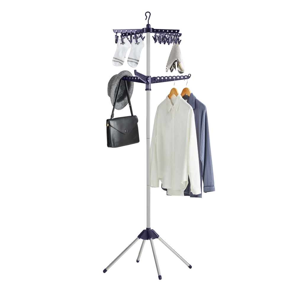 59-Inch High Folding Clothes Drying Rack - Blue, Silver - 25.6”D x 25.6”W x 72”H