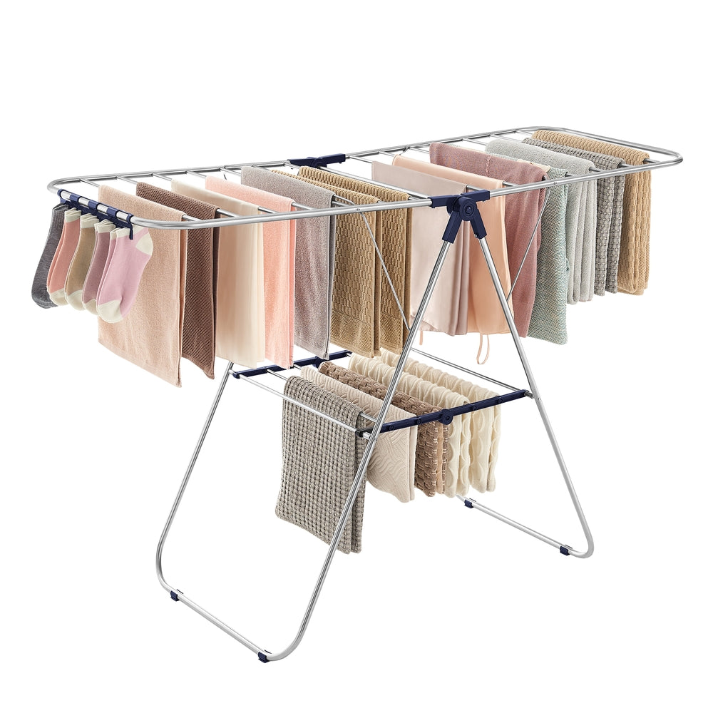 Clothes Drying Rack with Sock Clips - Silver, Blue