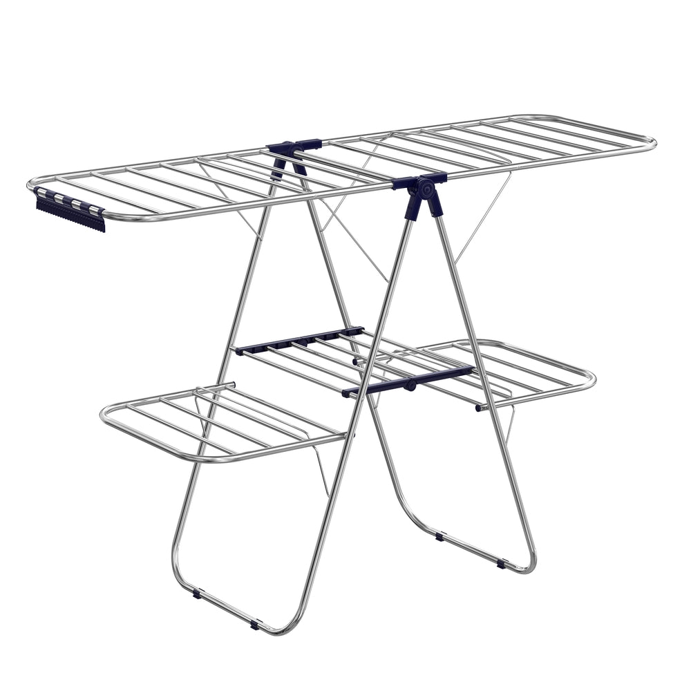 Foldable 2-Level Clothes Drying Rack with Height-Adjustable Wings - Silver, Blue