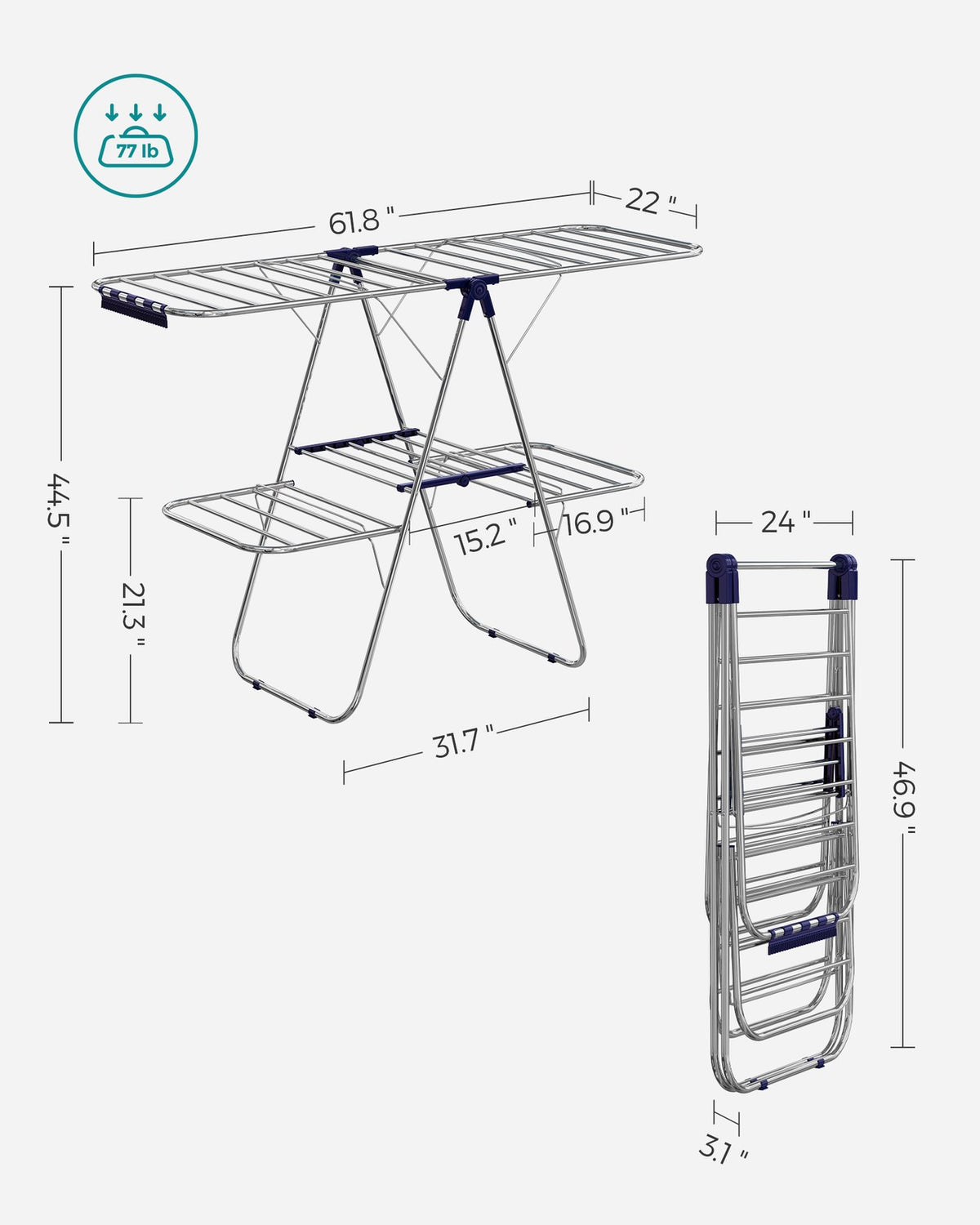 Clothes Drying Rack - Foldable 2-Level - Height-Adjustable Wings