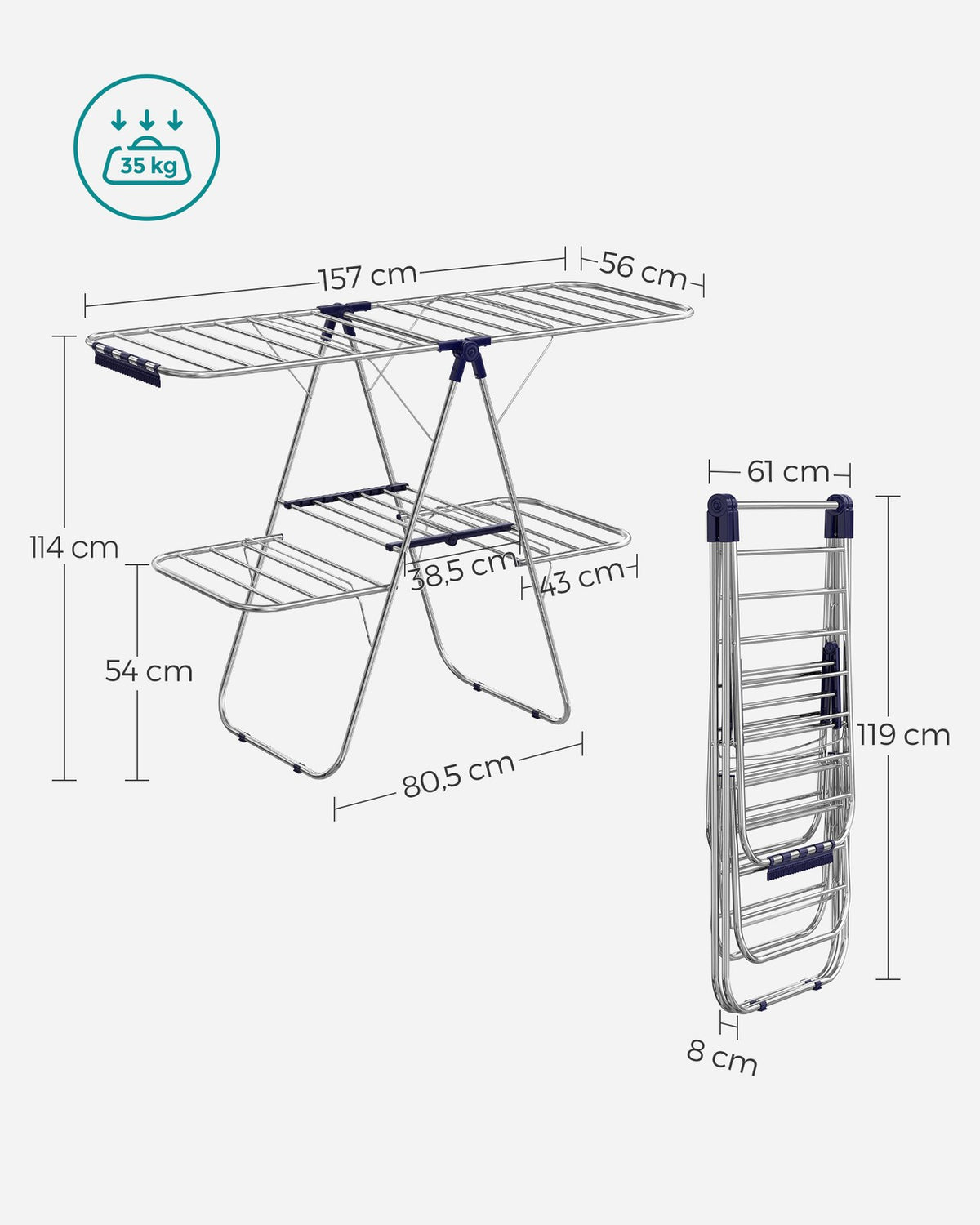 Clothes Drying Rack - Foldable 2-Level - Height-Adjustable Wings