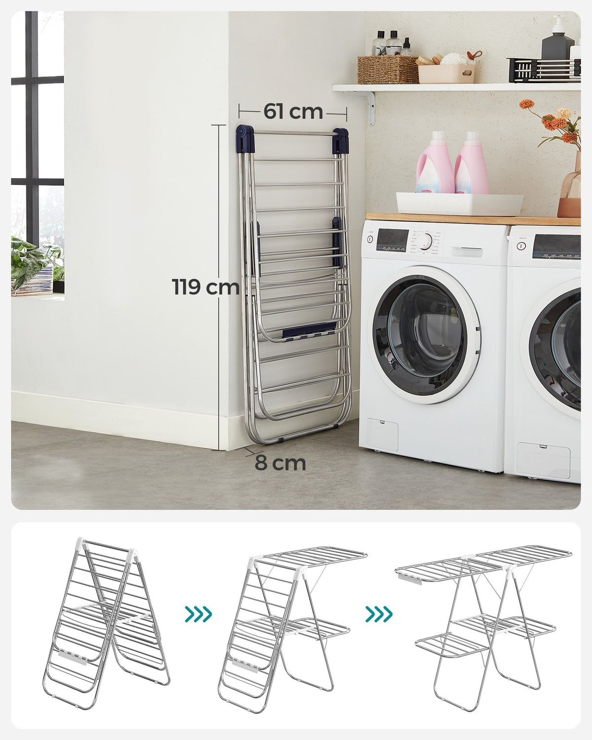 Clothes Drying Rack - Foldable 2-Level - Height-Adjustable Wings