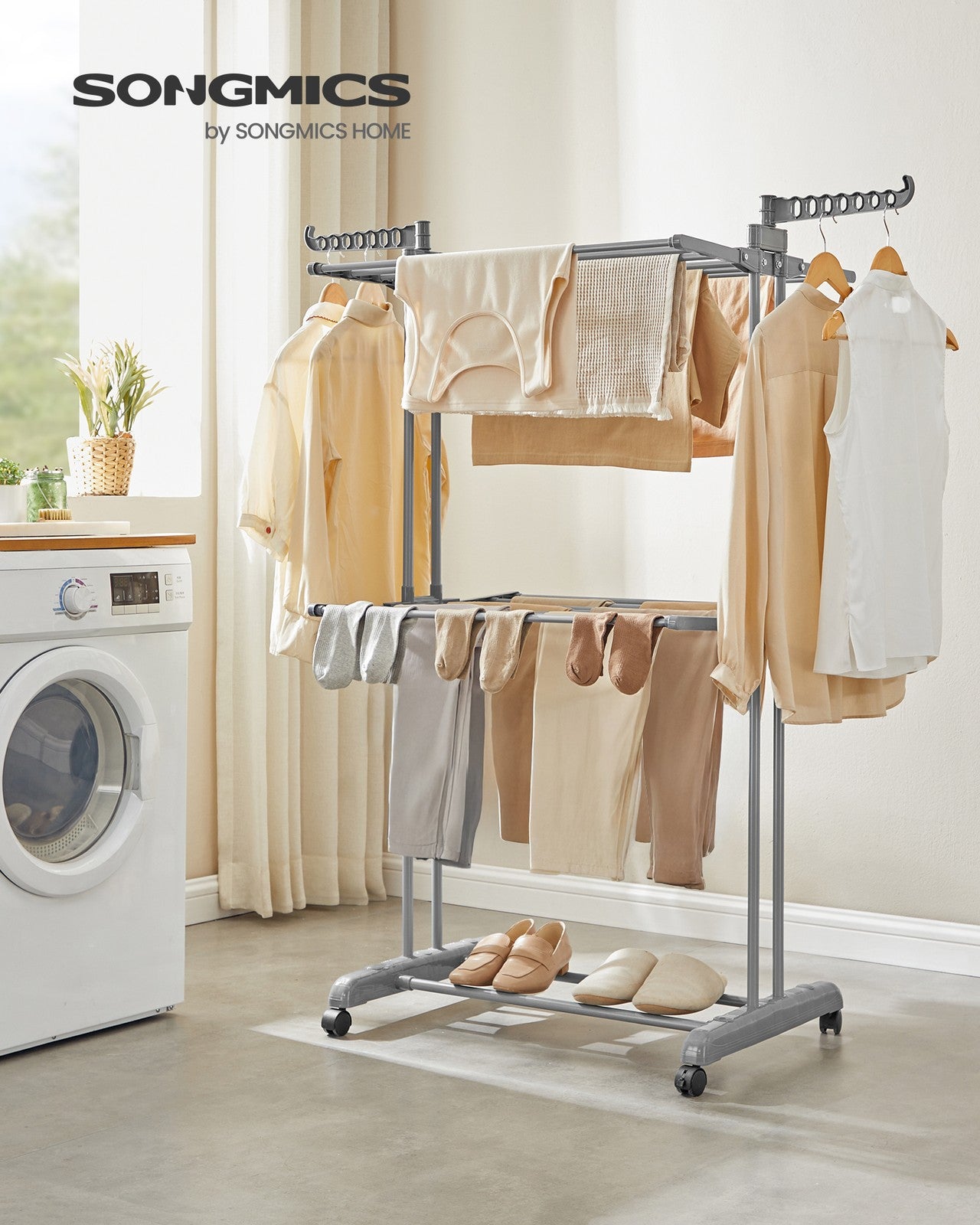 Clothes Drying Rack 3-Tier - Foldable Laundry Drying Rack 148 Cm Tall - Stainless Steel - Rolling Laundry Horses
