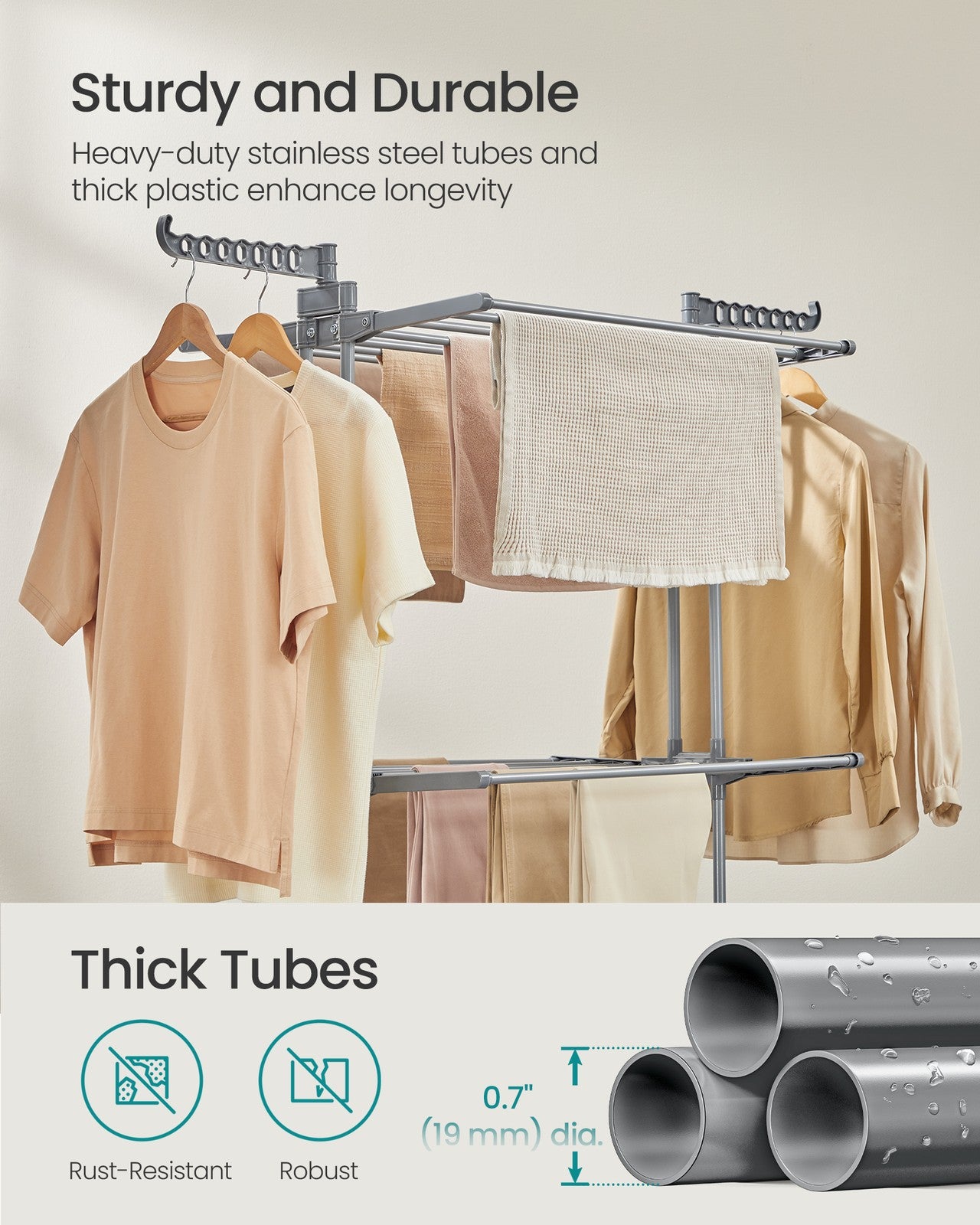 Clothes Drying Rack 3-Tier - Foldable Laundry Drying Rack 148 Cm Tall - Stainless Steel - Rolling Laundry Horses