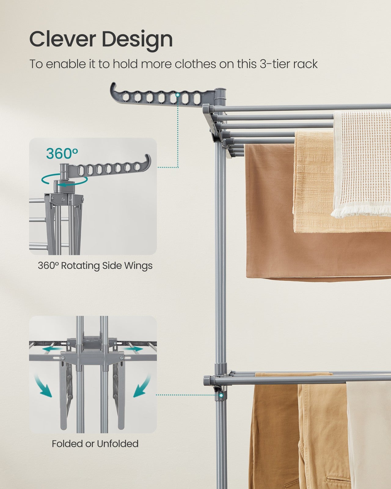 Clothes Drying Rack 3-Tier - Foldable Laundry Drying Rack 148 Cm Tall - Stainless Steel - Rolling Laundry Horses