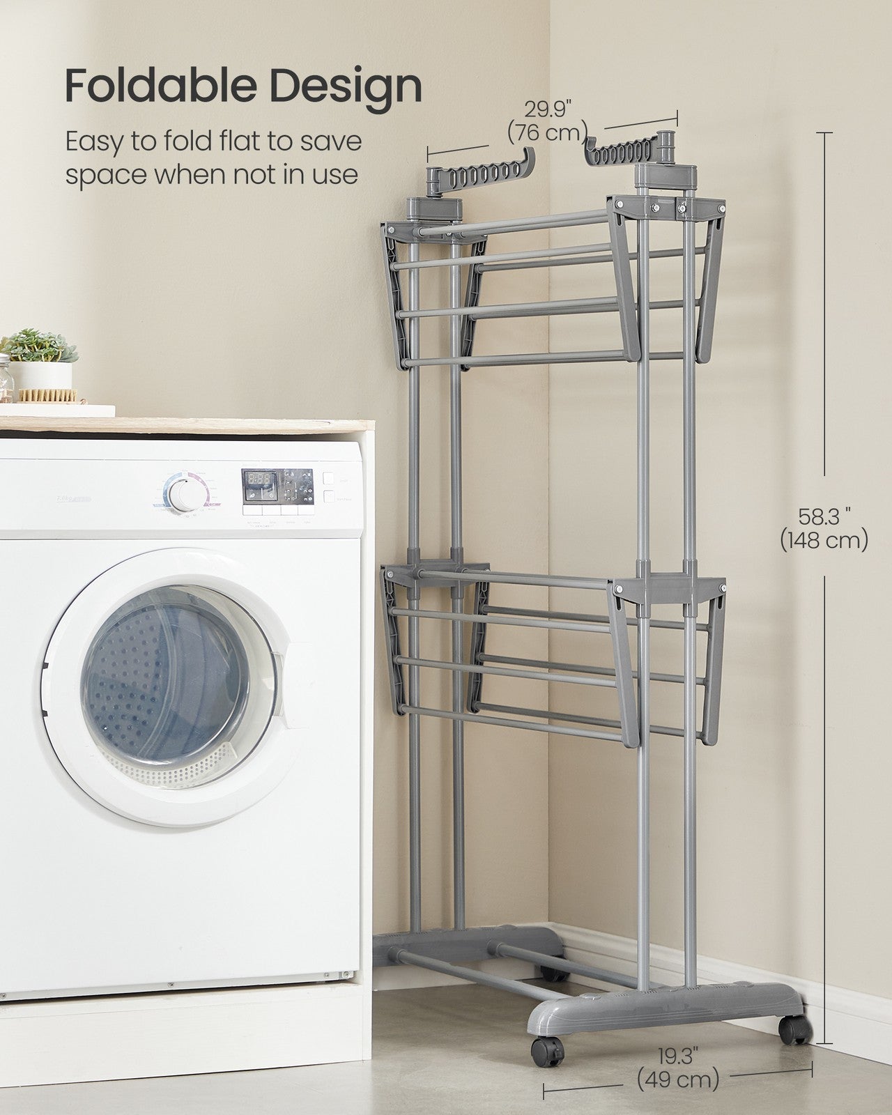 Clothes Drying Rack 3-Tier - Foldable Laundry Drying Rack 148 Cm Tall - Stainless Steel - Rolling Laundry Horses