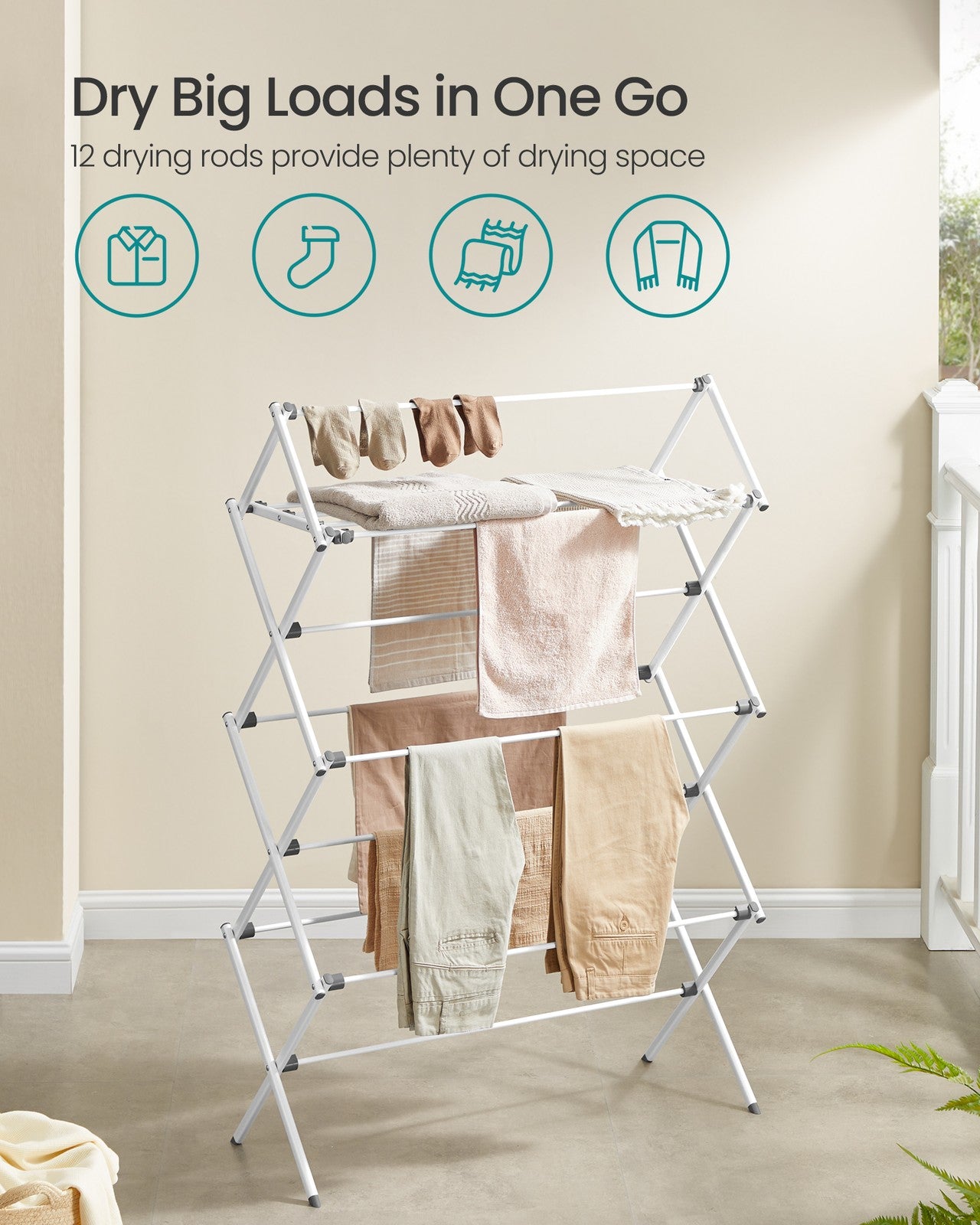 Foldable Clothes Drying Rack - Laundry Drying Rack - Clothes Airer - Steel Frame - Pearl White