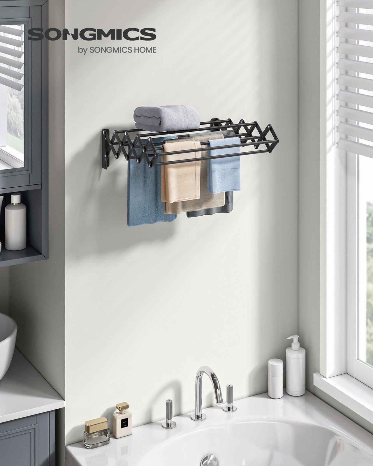 Wall-Mounted Expandable Steel Clothes Drying Rack with 9 Hanging Rods - Ink Black