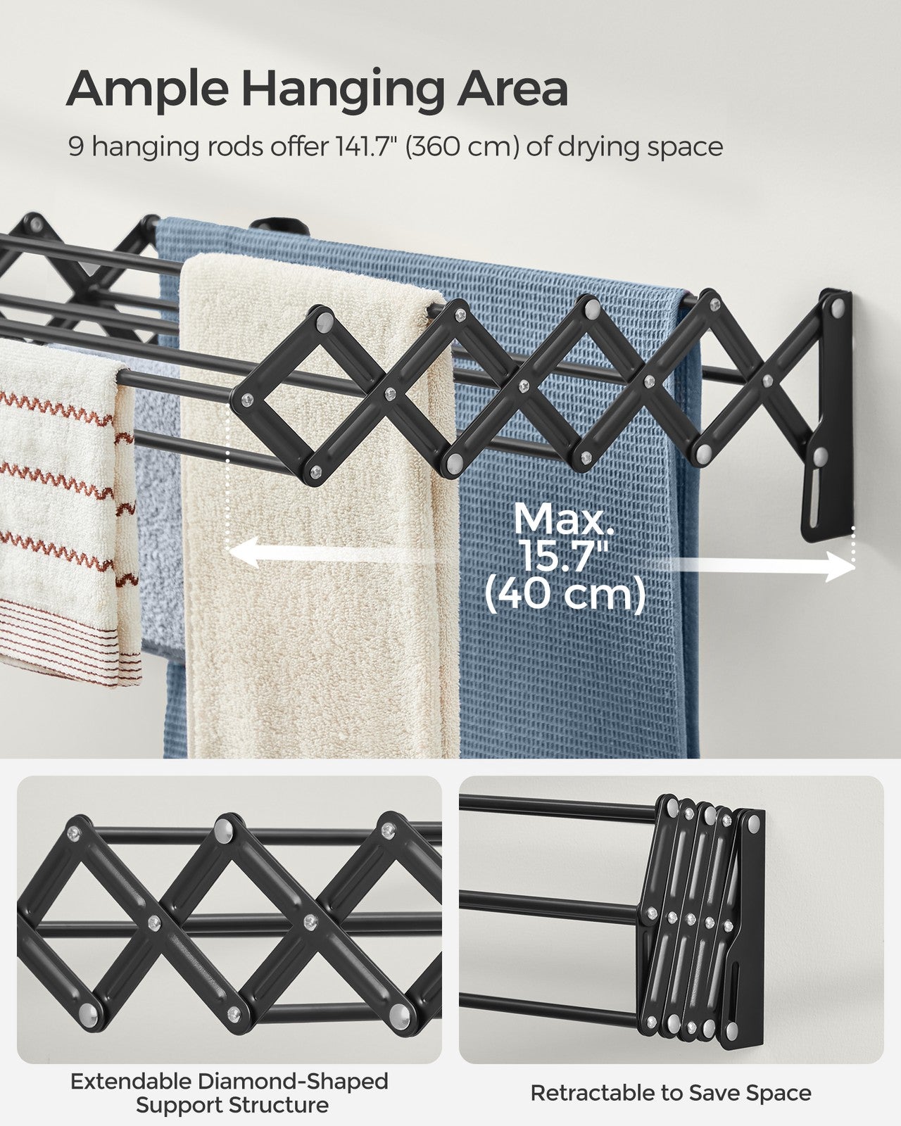 Wall-Mounted Expandable Steel Clothes Drying Rack with 9 Hanging Rods - Ink Black