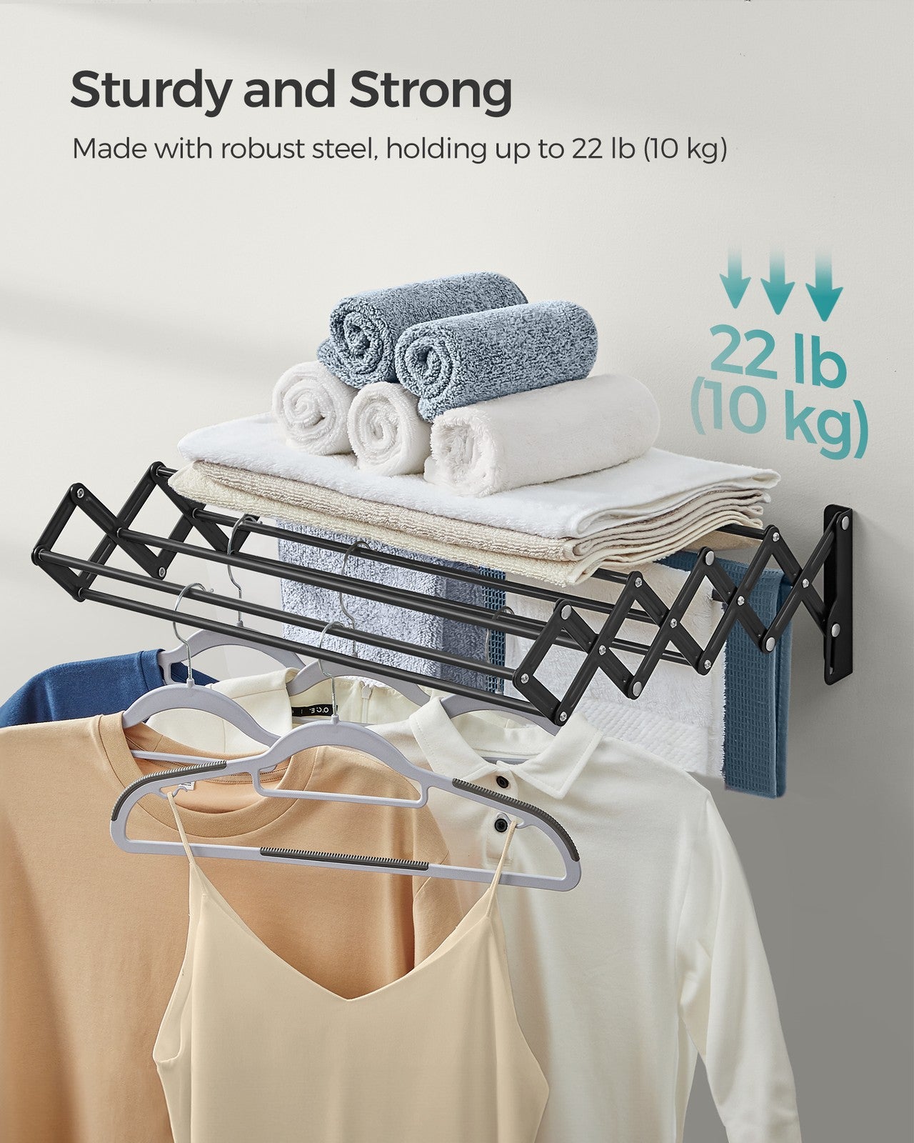 Wall-Mounted Expandable Steel Clothes Drying Rack with 9 Hanging Rods - Ink Black