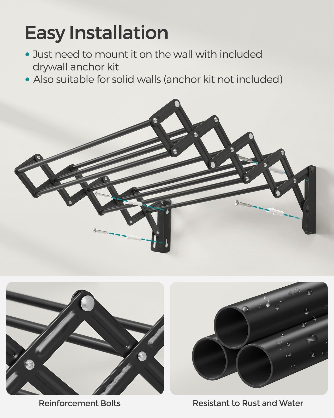Wall-Mounted Expandable Steel Clothes Drying Rack with 9 Hanging Rods - Ink Black