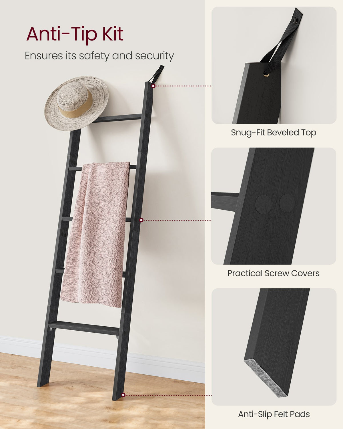 Blanket Ladder Decorative Farmhouse for the Living Room - Ebony Black