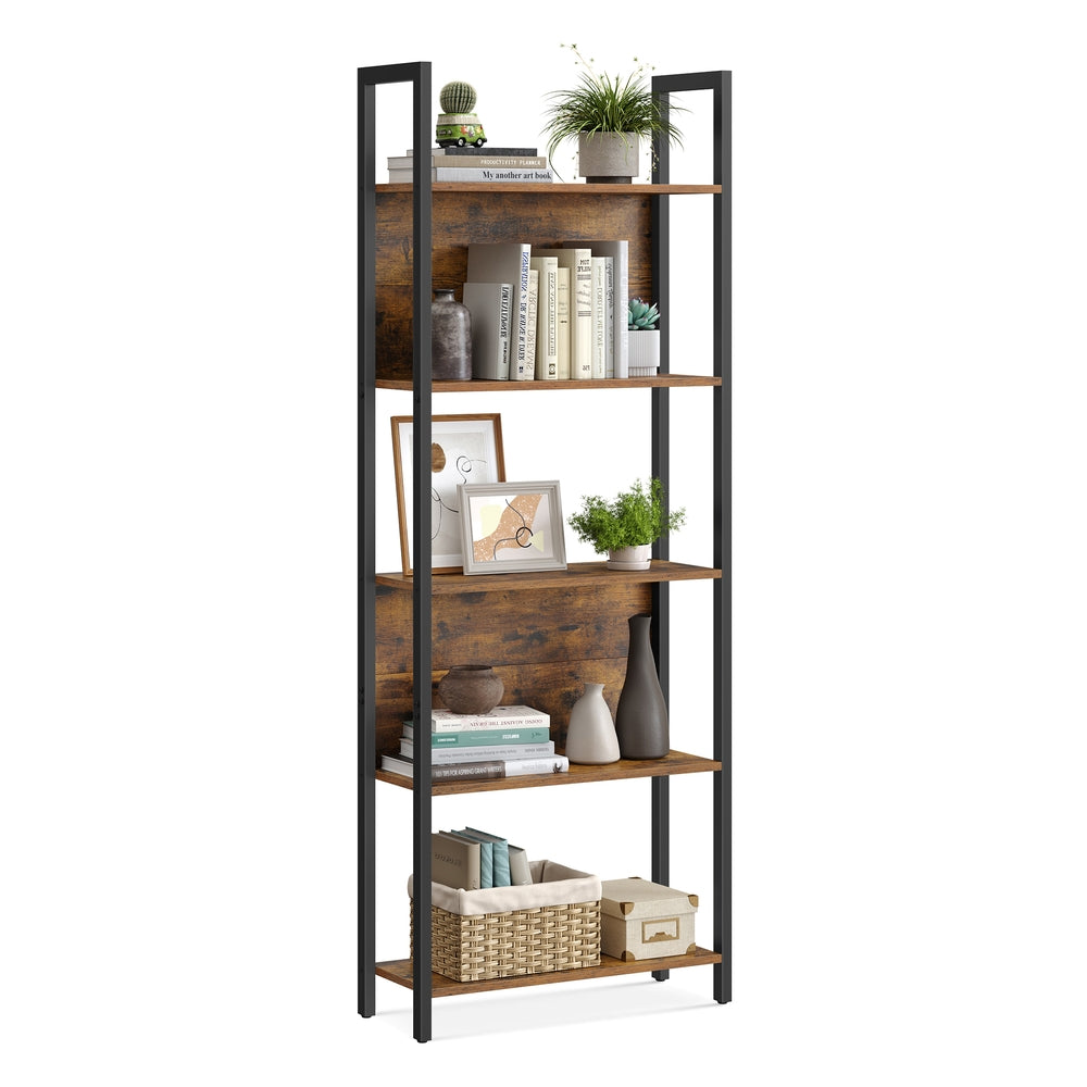 5-Tier Bookshelf with Steel Frame - Rustic Brown, Black