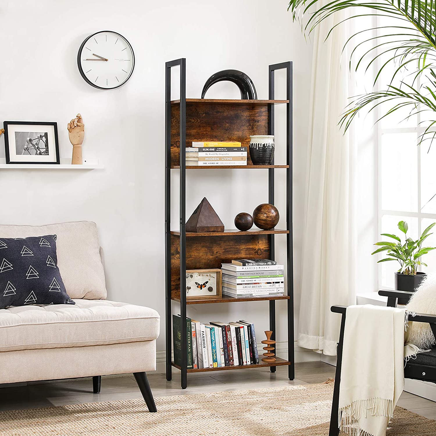 5-Tier Bookshelf with Steel Frame - Rustic Brown, Black
